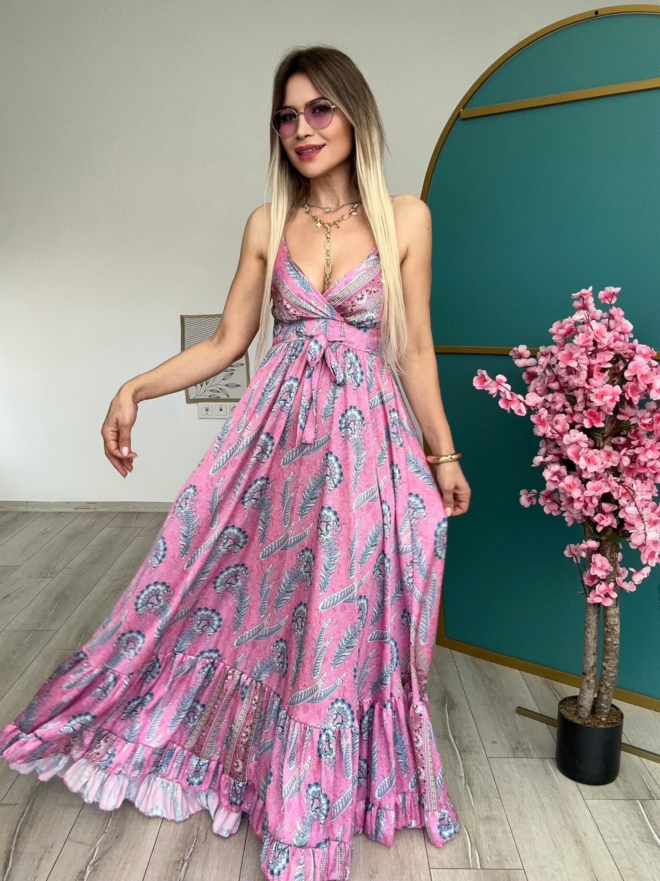 Pembe İpek Saten Elbise