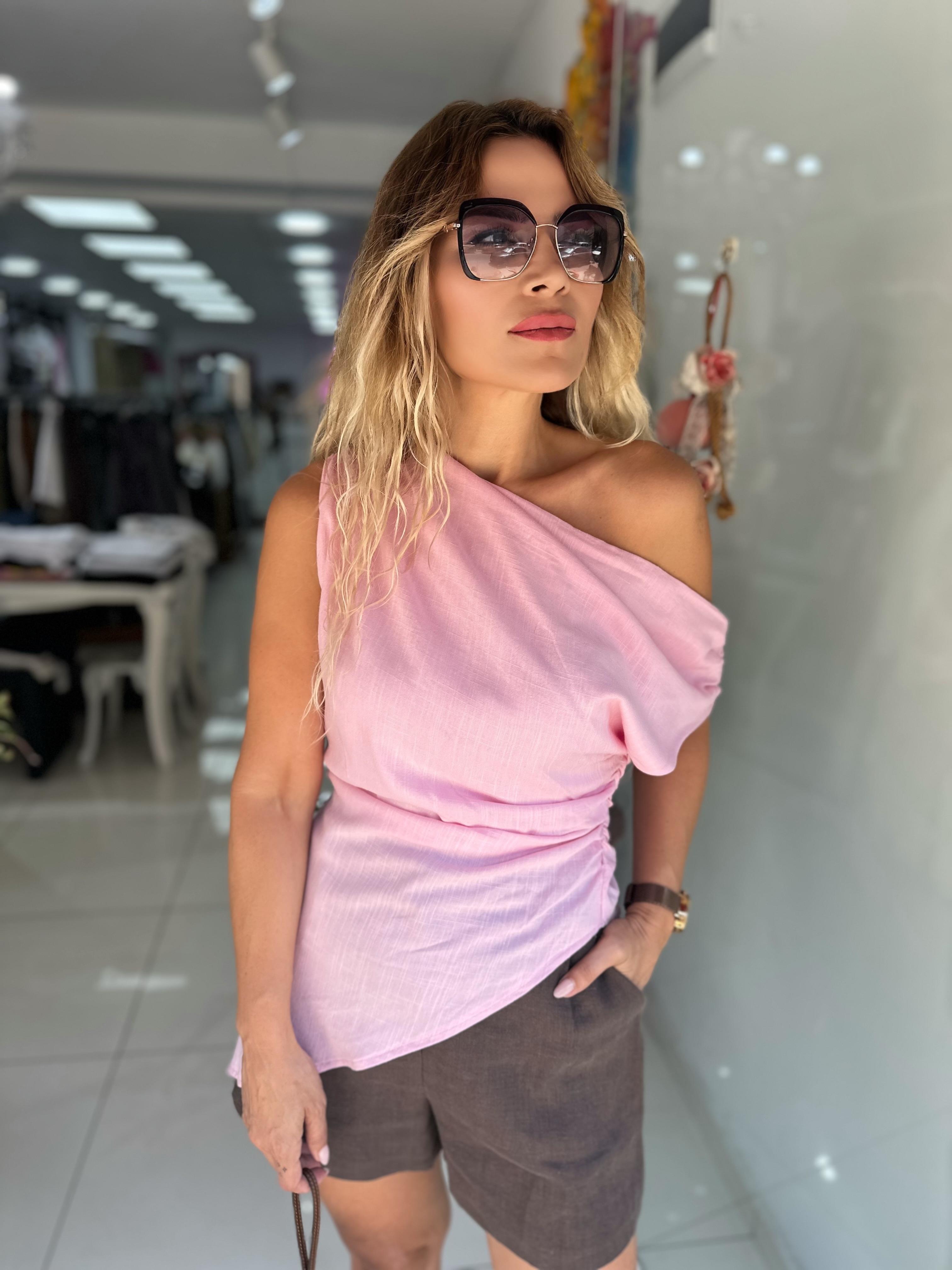 Pembe Keten Drapeli Tasarım Bluz 