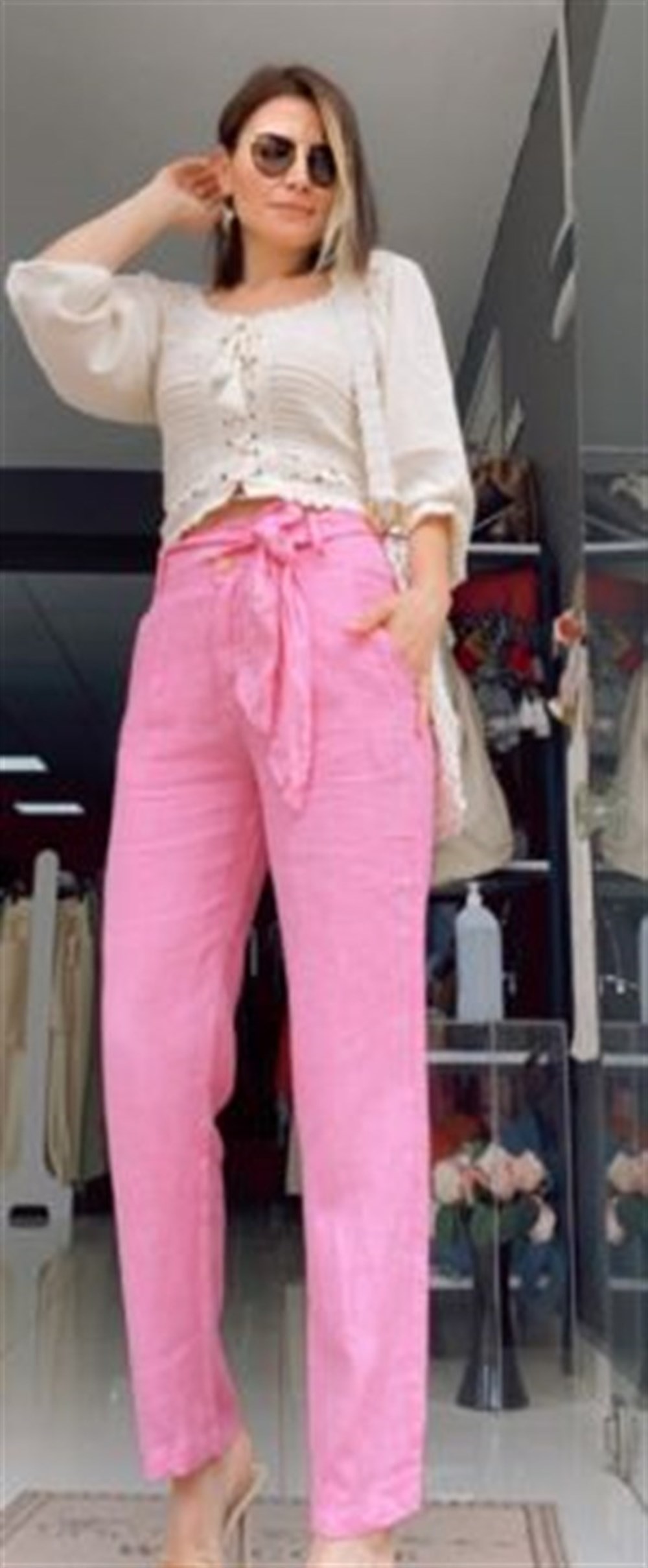PEMBE KETEN PANTOLON