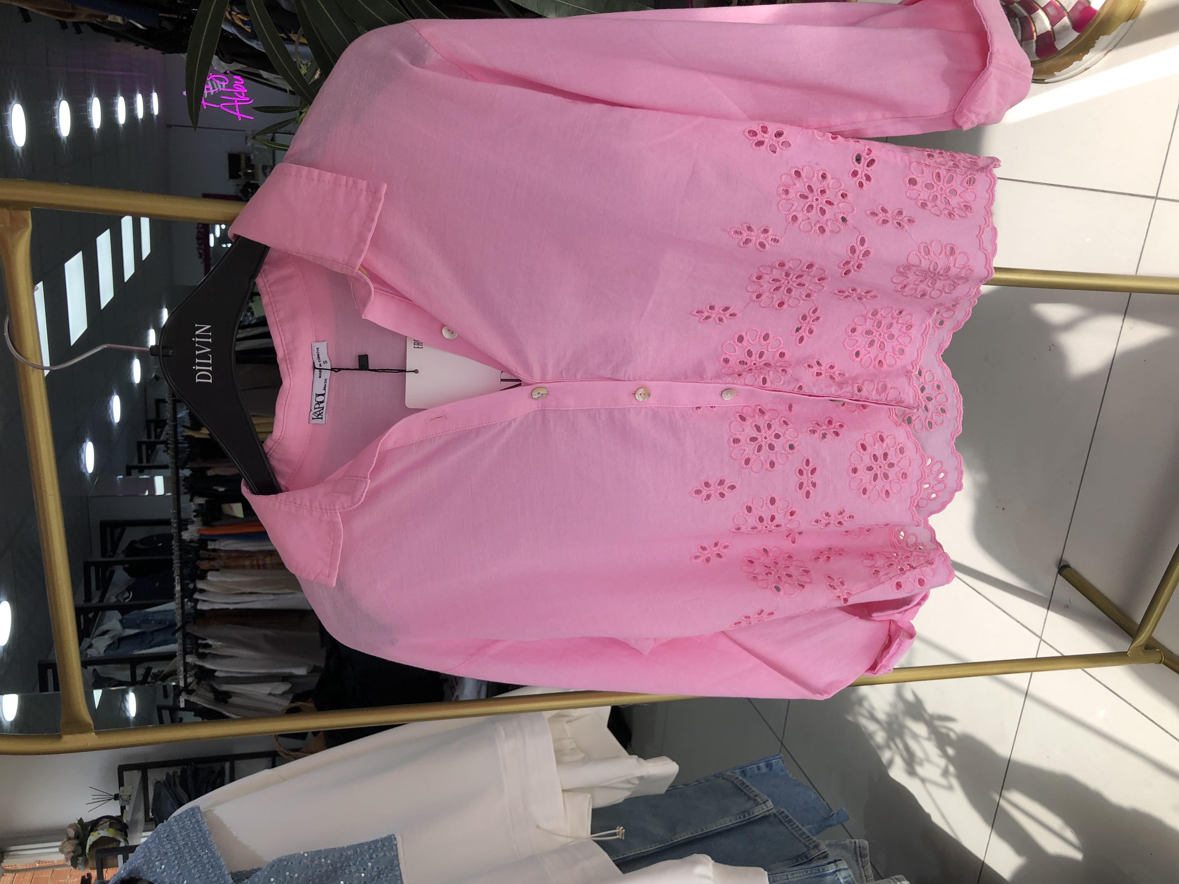 Pembe Nakışlı Pamuklu Gömlek 