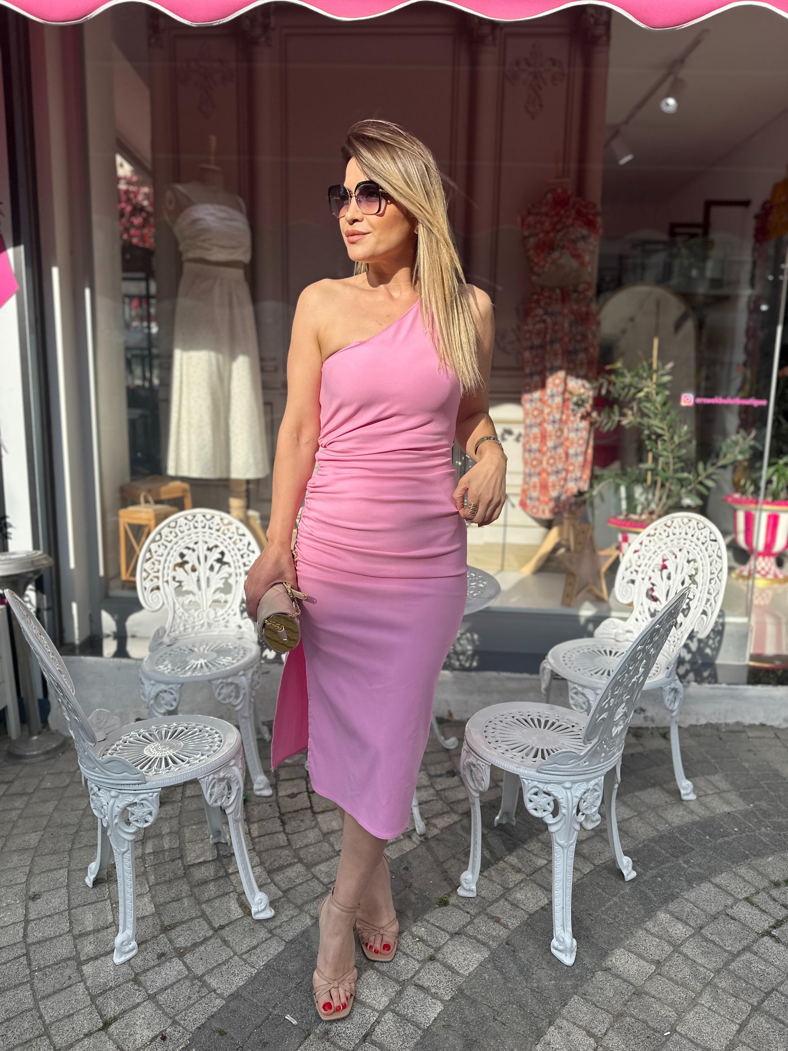 Pembe Tek Omuz Drapeli Elbise 