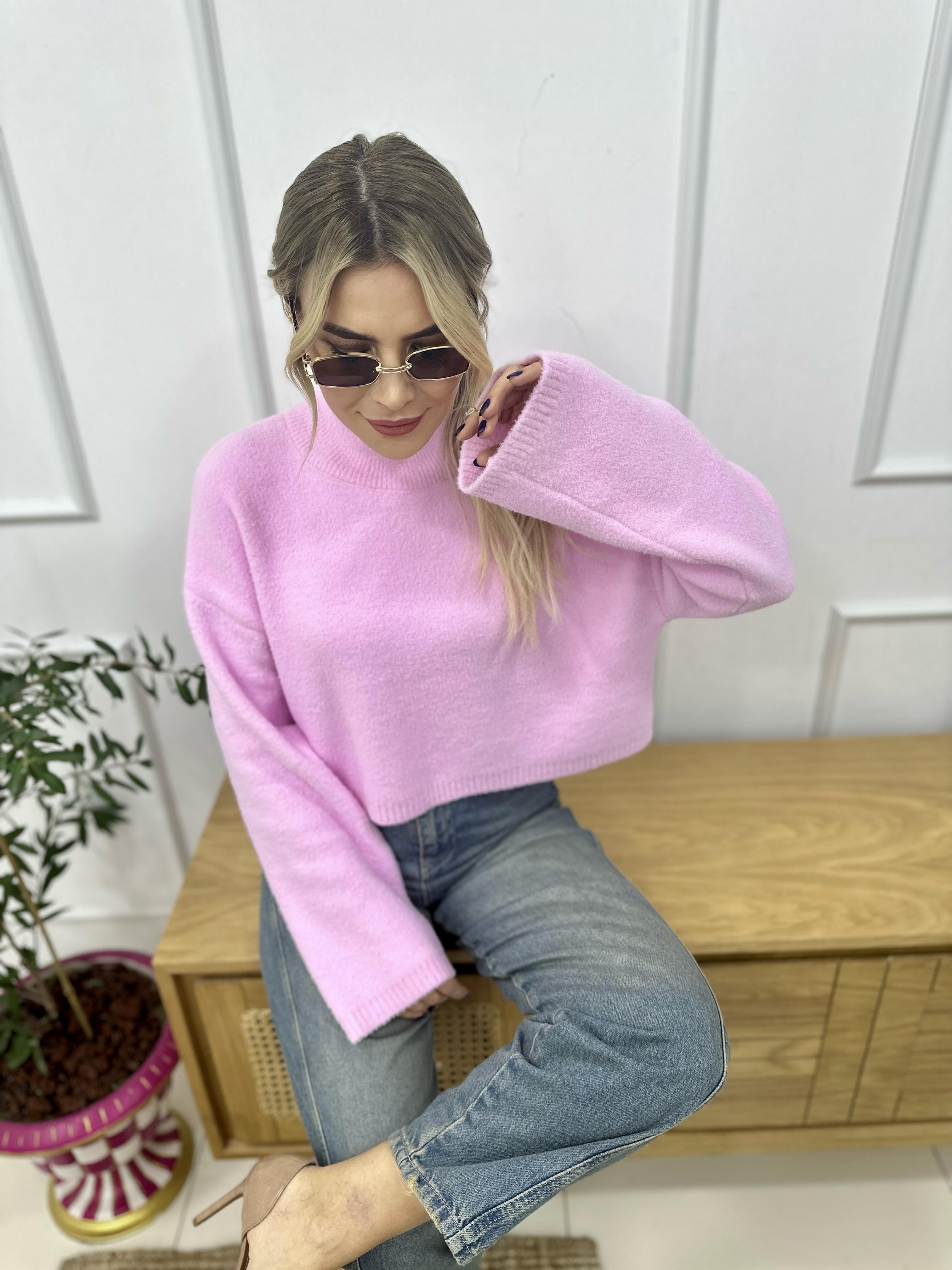 Pembe Yumuşak Dokulu Dik Yaka Crop Kazak 