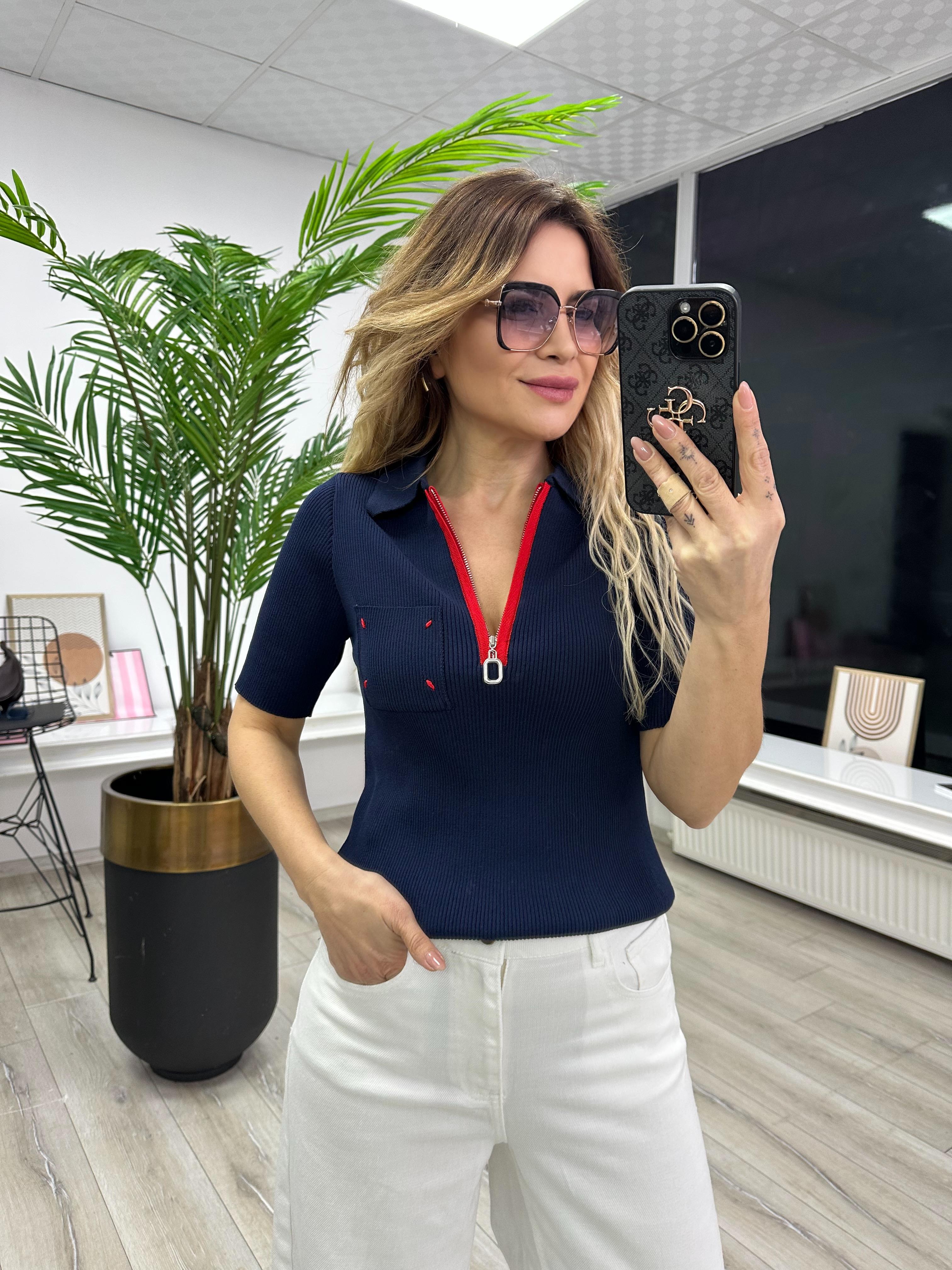 Pera Rayon Cep Ve Fermuar Detaylı Gömlek Yaka Triko