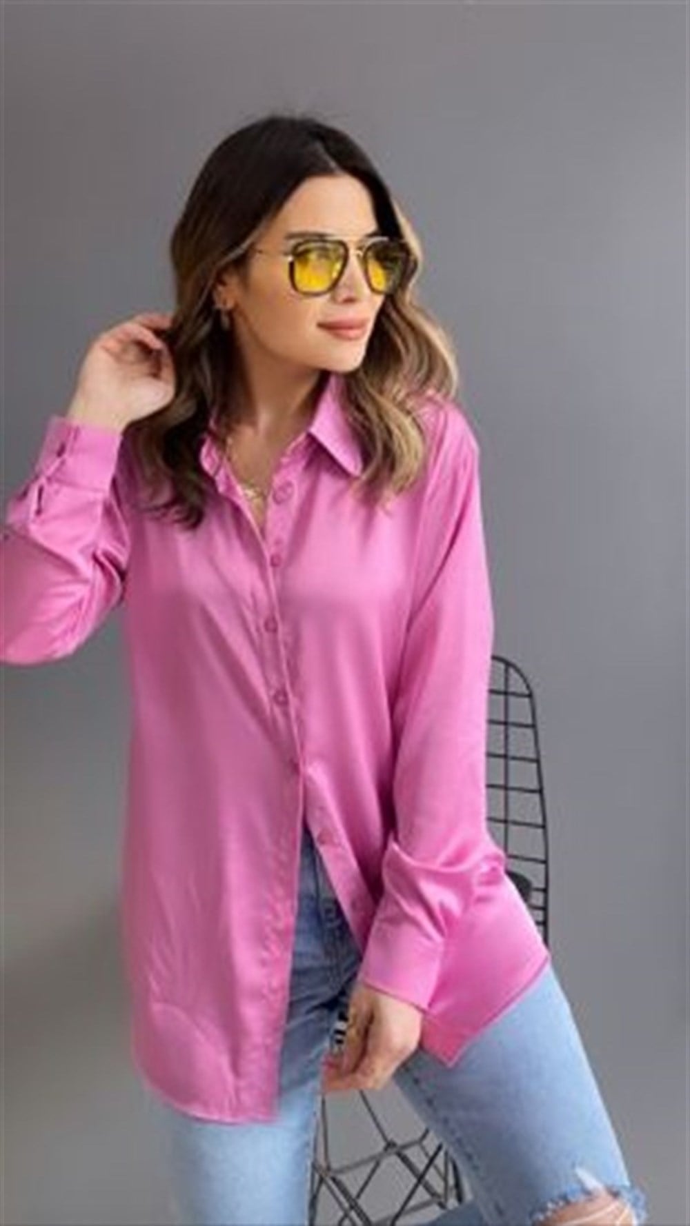 PİK SATEN PEMBE GÖMLEK