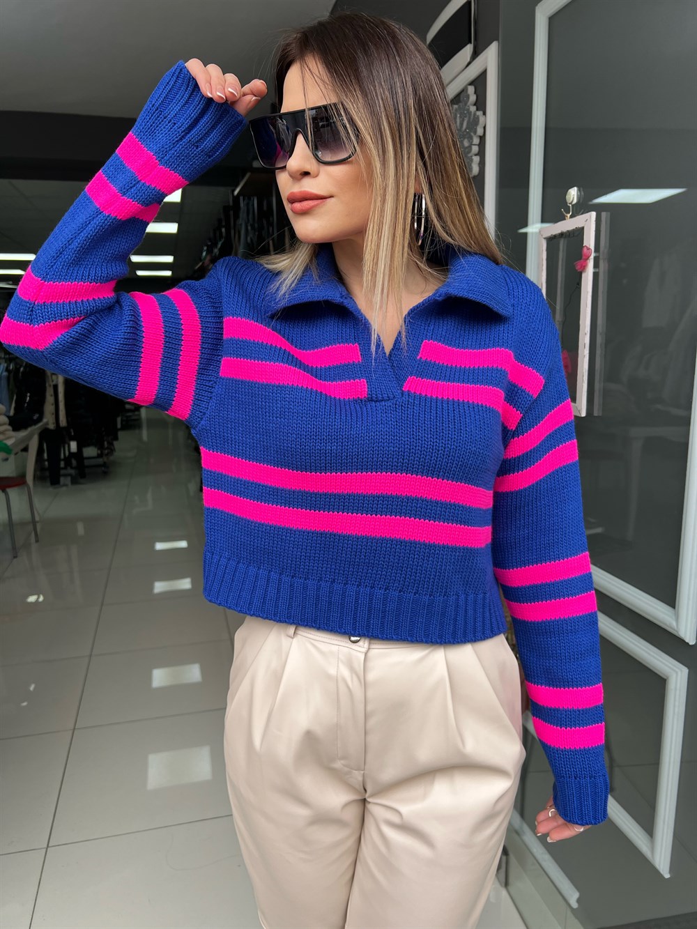 PK Polo Yaka Pembe Çizgili Kazak