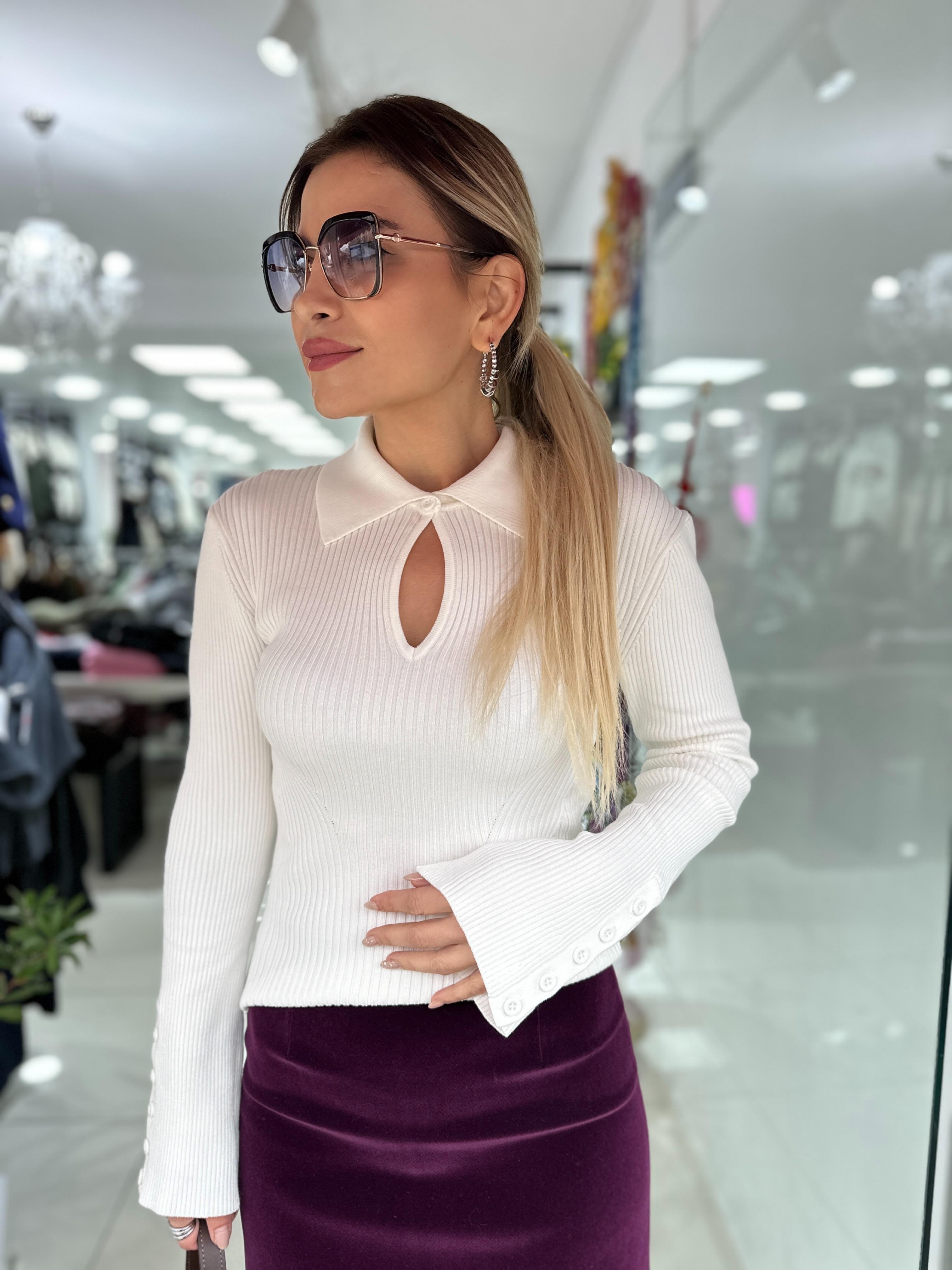 Polo Yaka Düğmeli Fitilli Triko Kazak