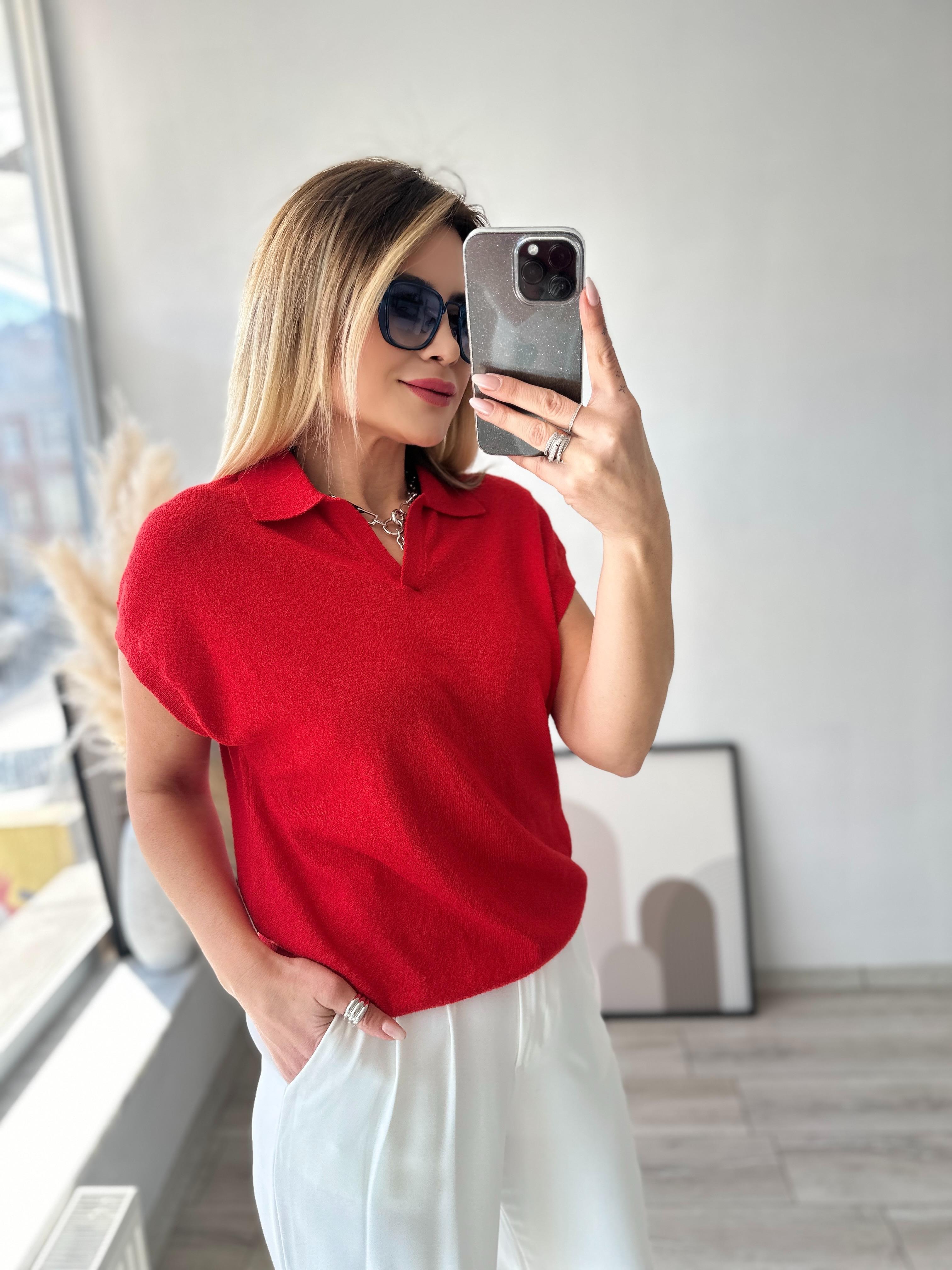 Polo Yaka İnce Dokulu Triko Bluz