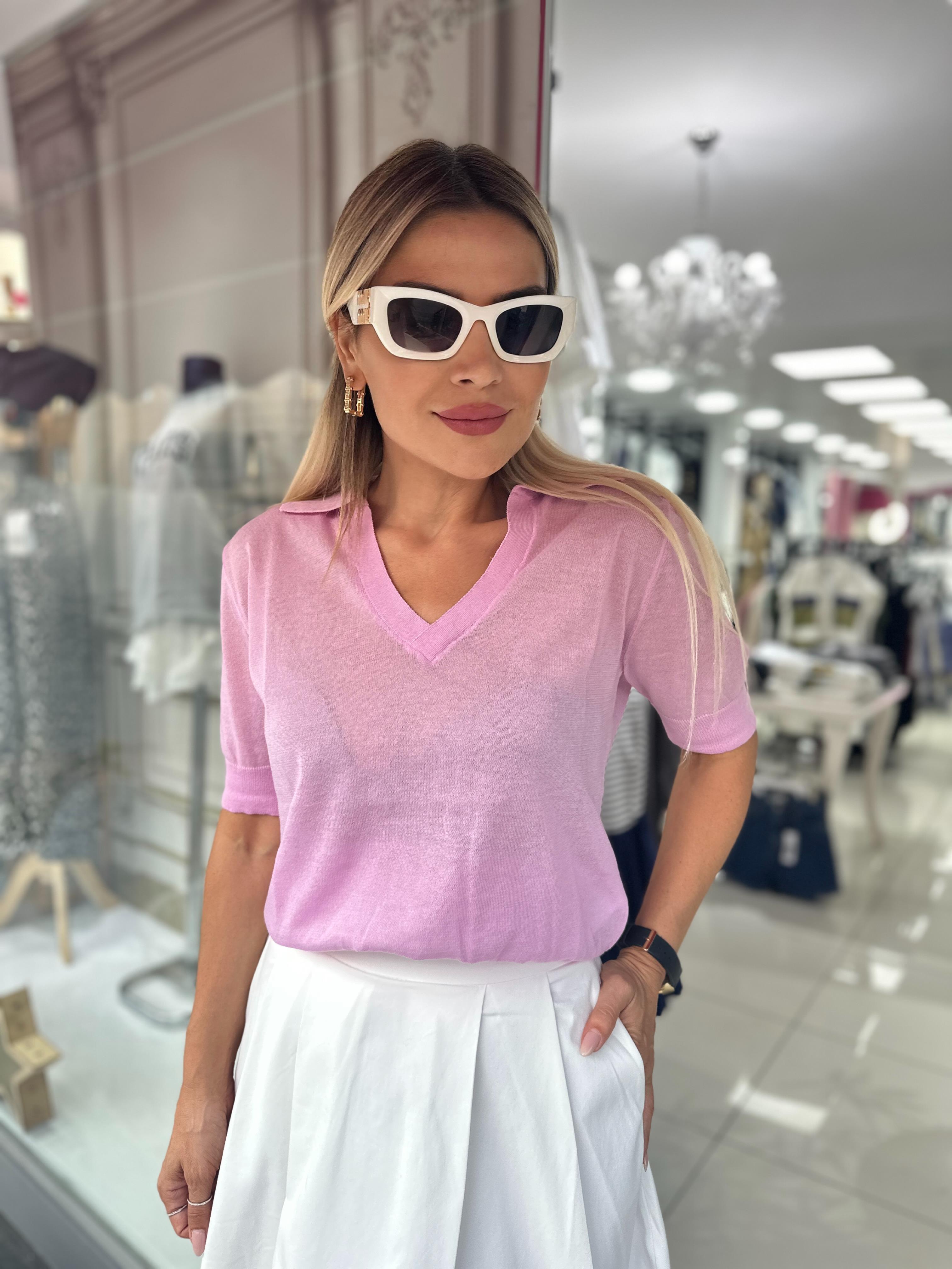 Polo Yaka Kısa Kol Transparan Bluz