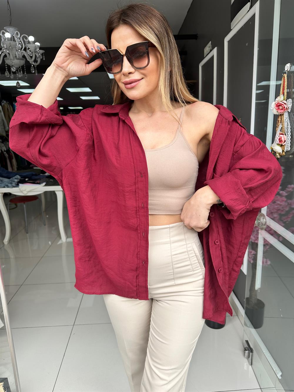PRY Bordo Oversize Gömlek