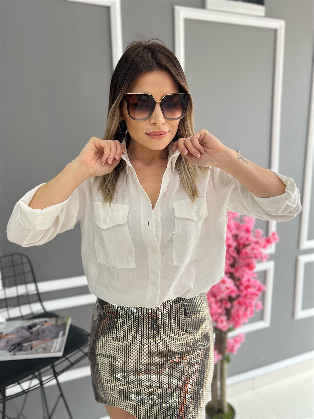 QZ Ekru Çift Cepli Gömlek