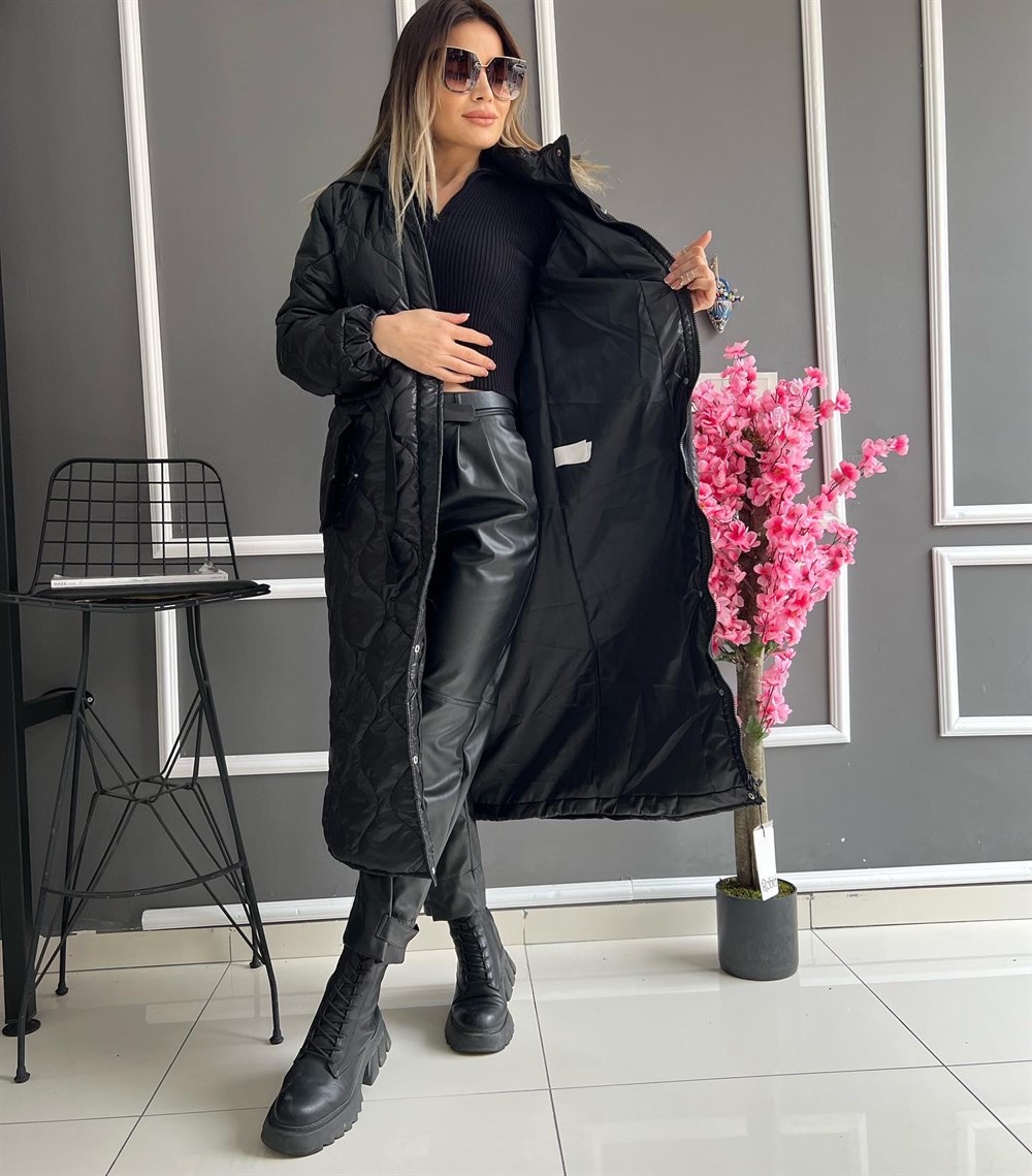 RB Siyah Kapitone Desen Uzun Mont