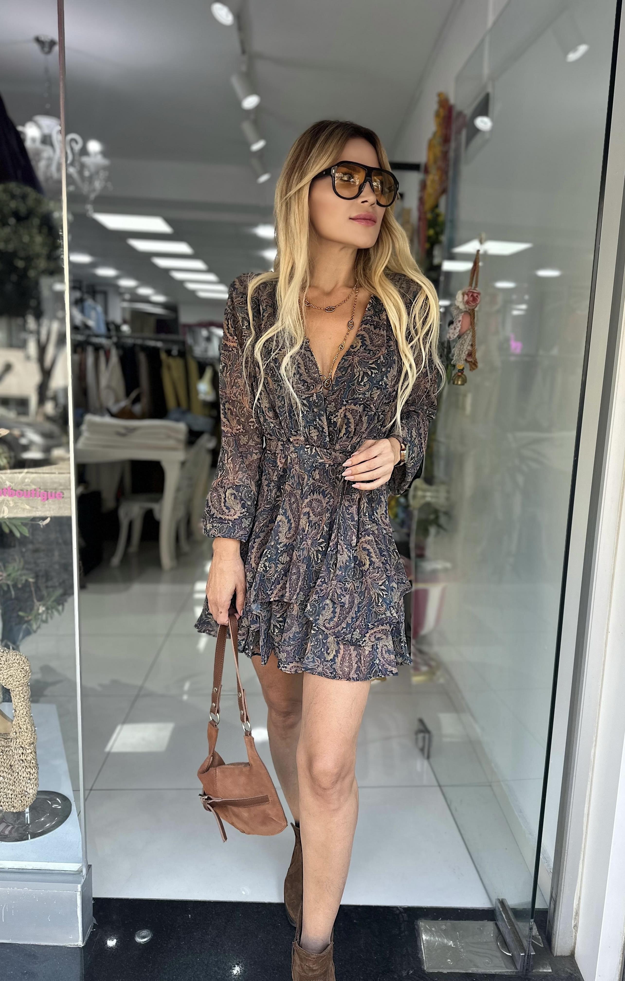 Şal Desen V Yaka Şifon Elbise