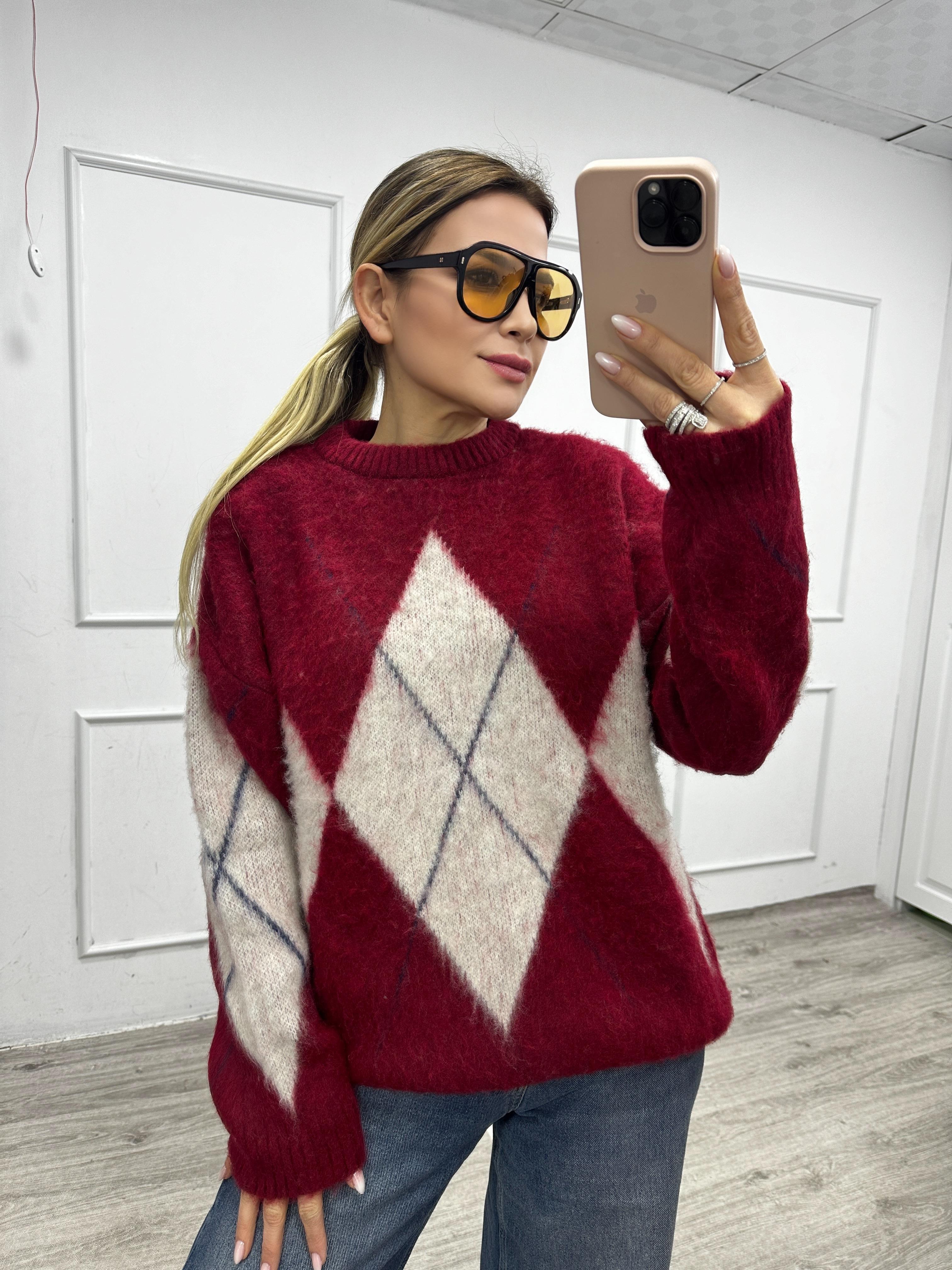 Şardonlu Baklava Desenli Bordo Kazak 