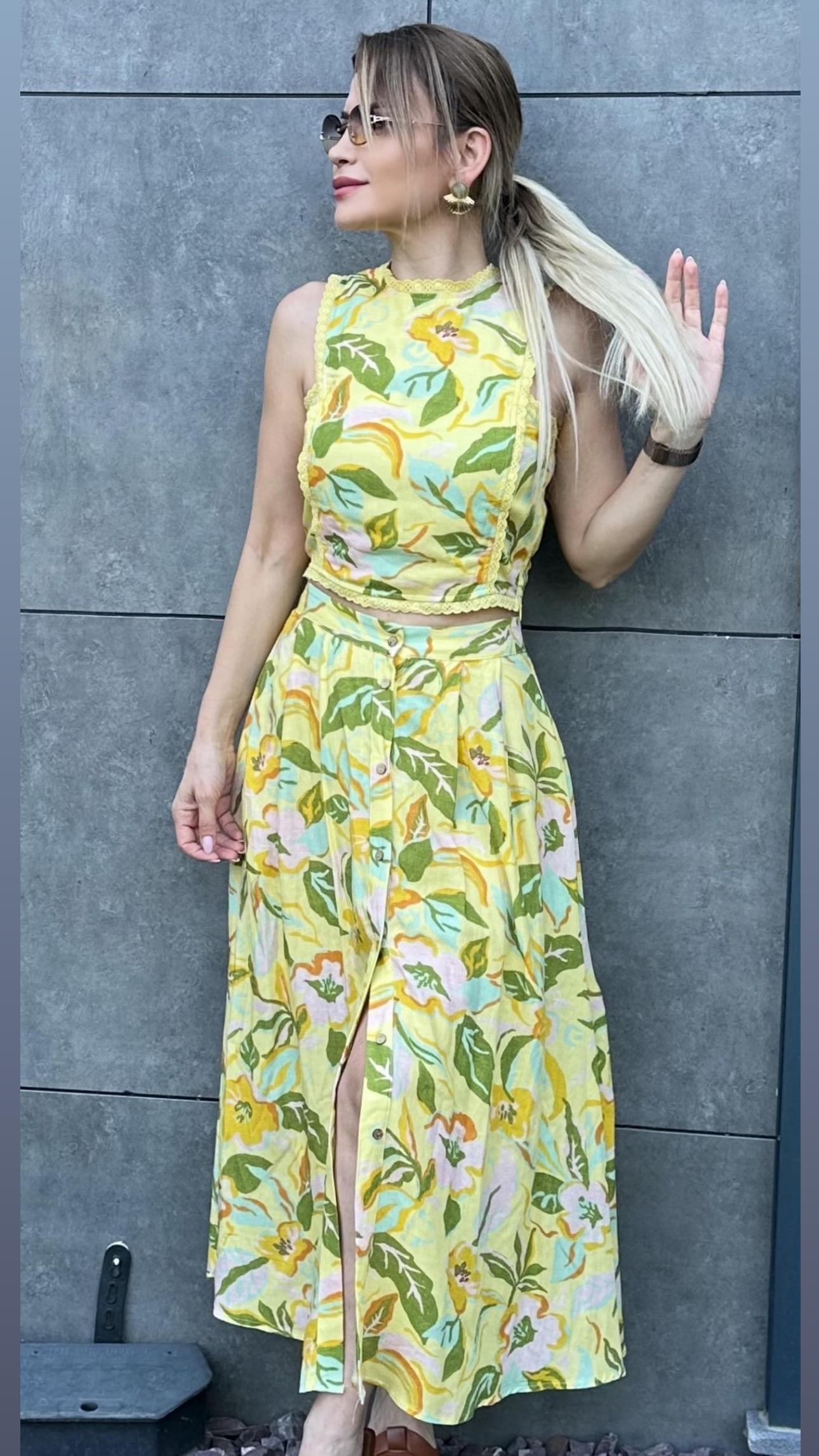 Sarı Desenli Dantelli Bluz