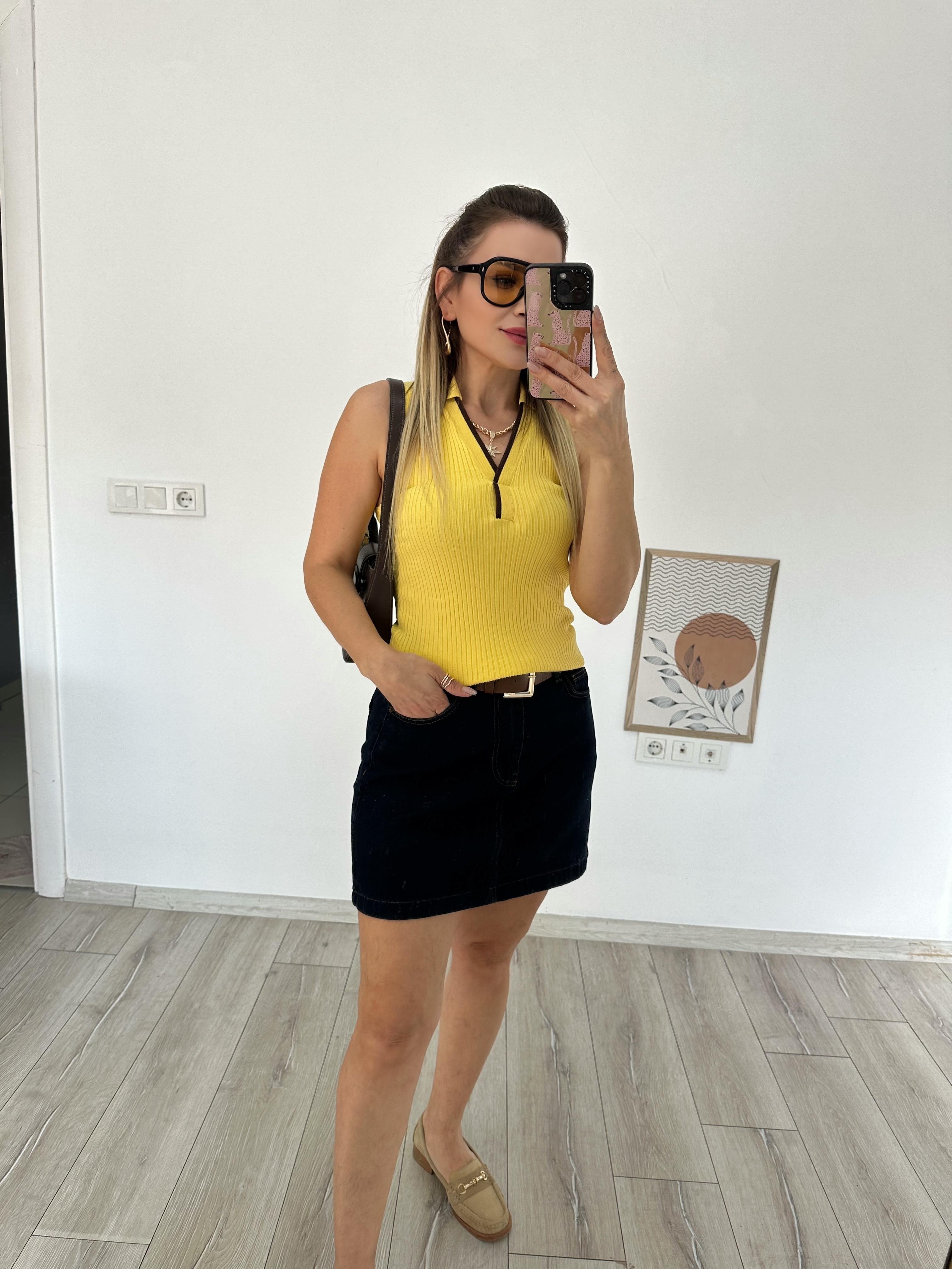 Sarı Kahve V Polo Yaka Fitilli Kontrast Triko Bluz