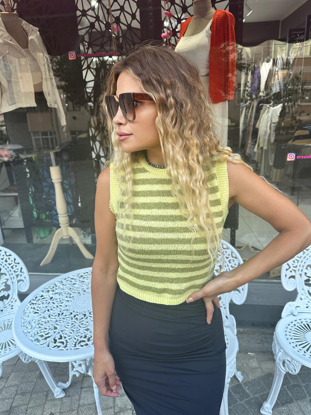 Sarı Yeşil Çizgili Crop Triko