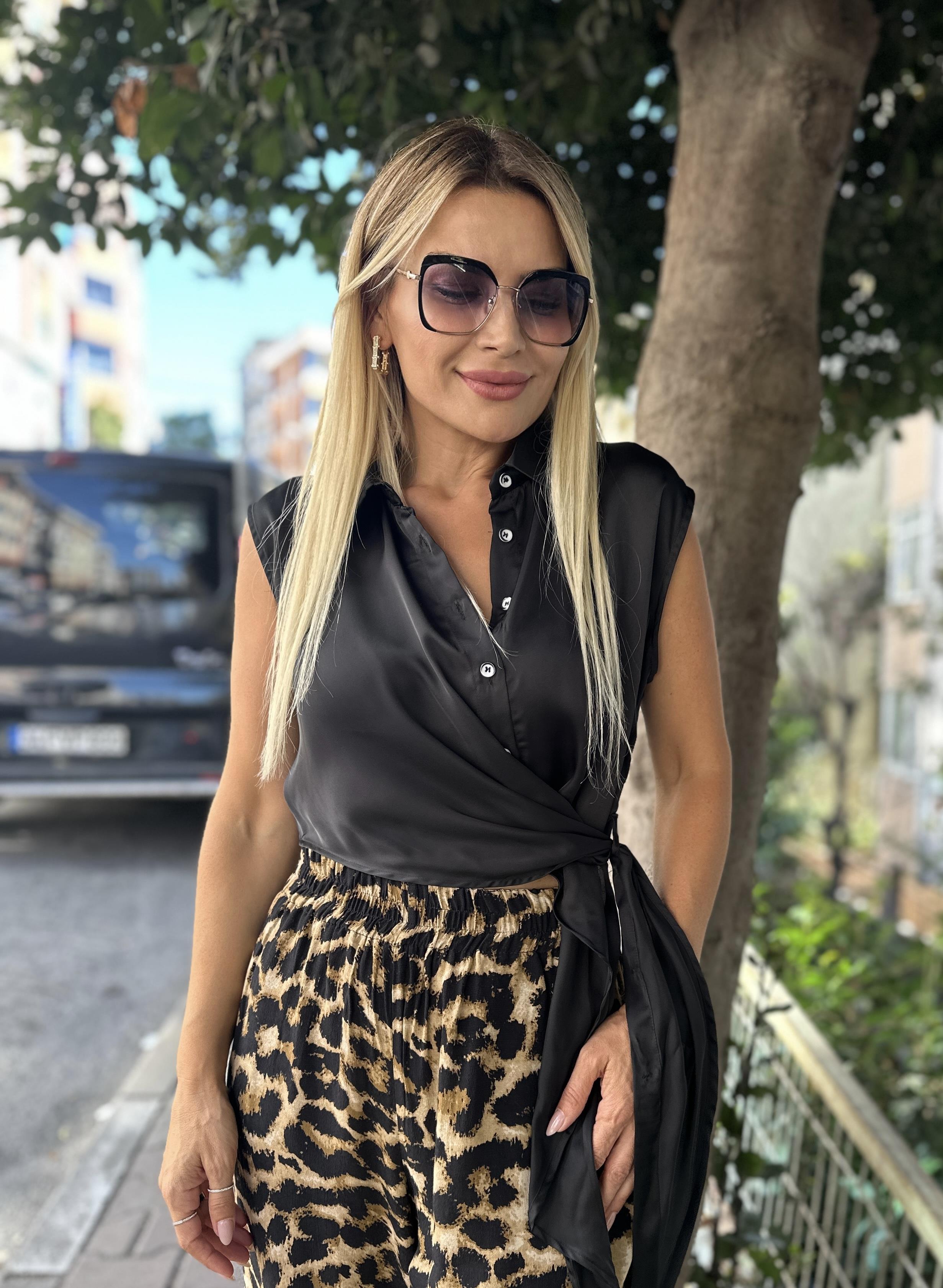 Sıfır Kol Bağlama Detaylı Saten Gömlek