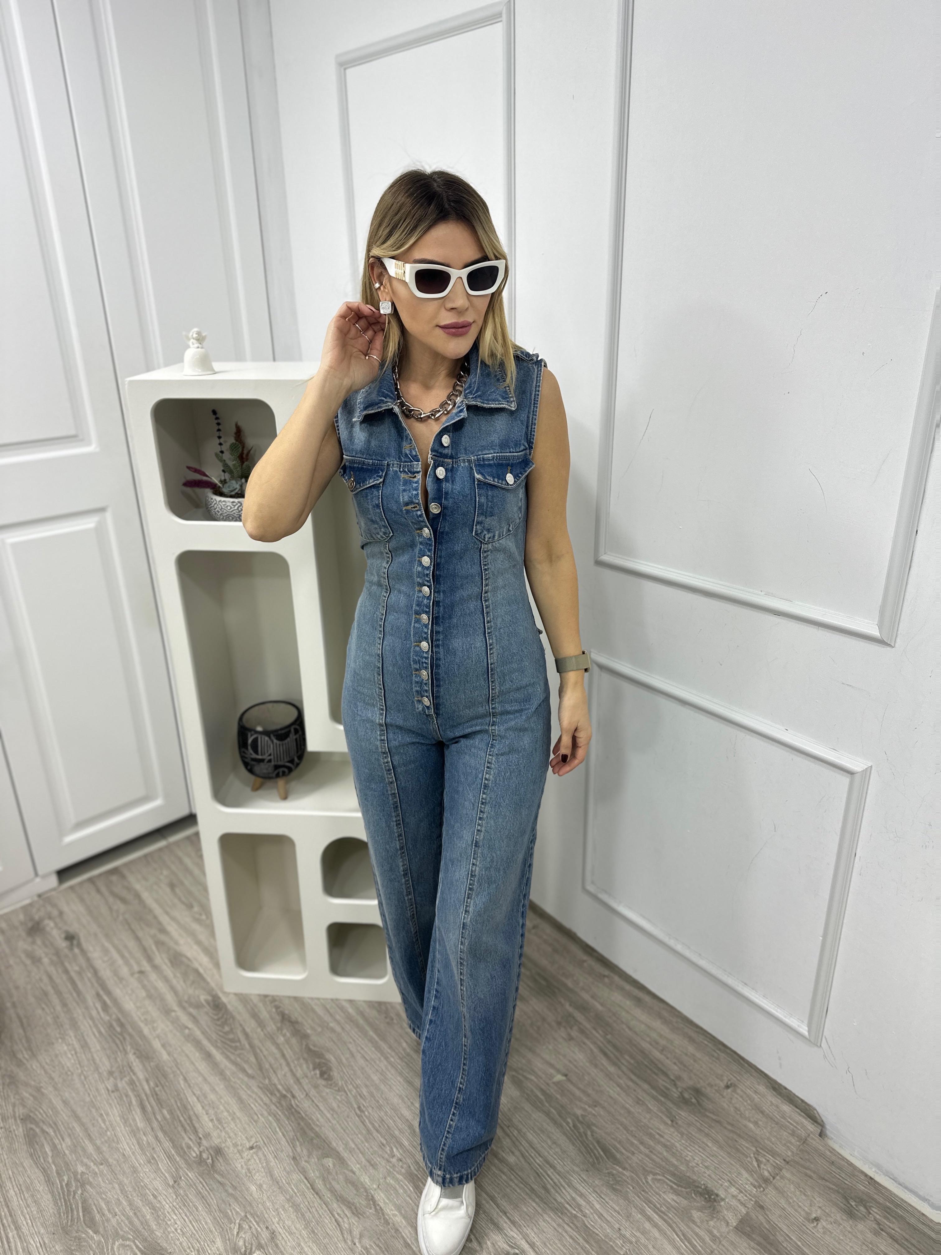 Sırt Dekolteli Denim Kot Tulum