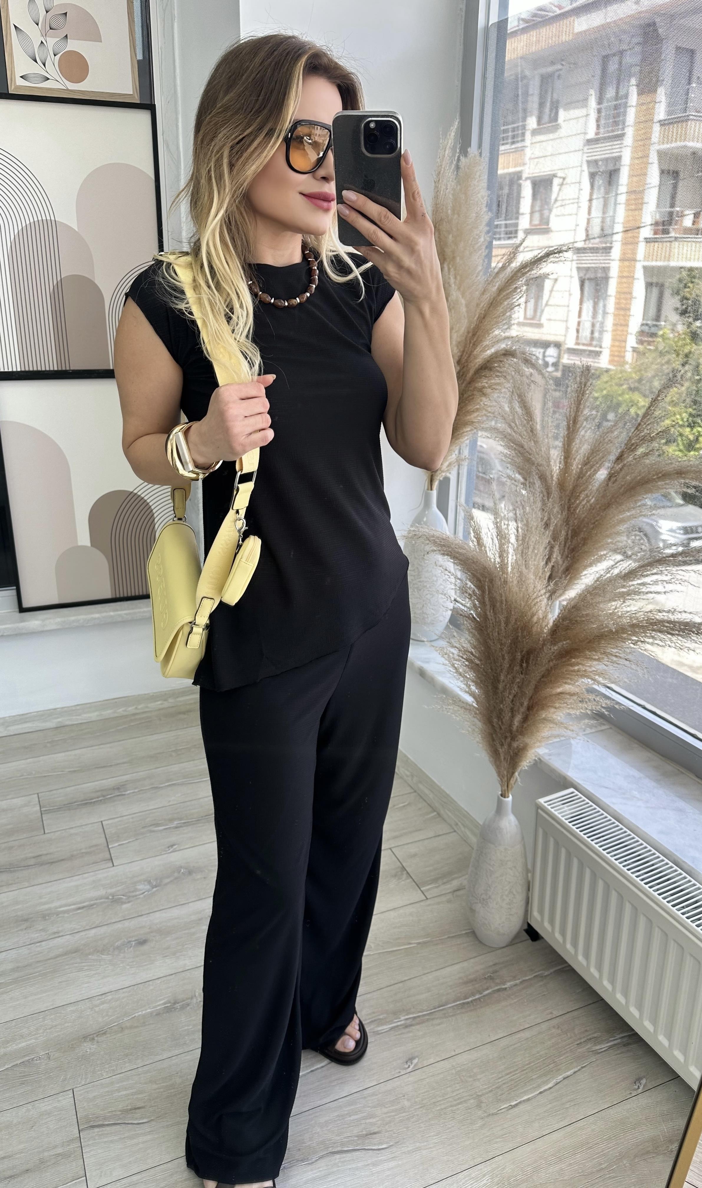 Siyah Asimetrik Bluz Pantolon Takım