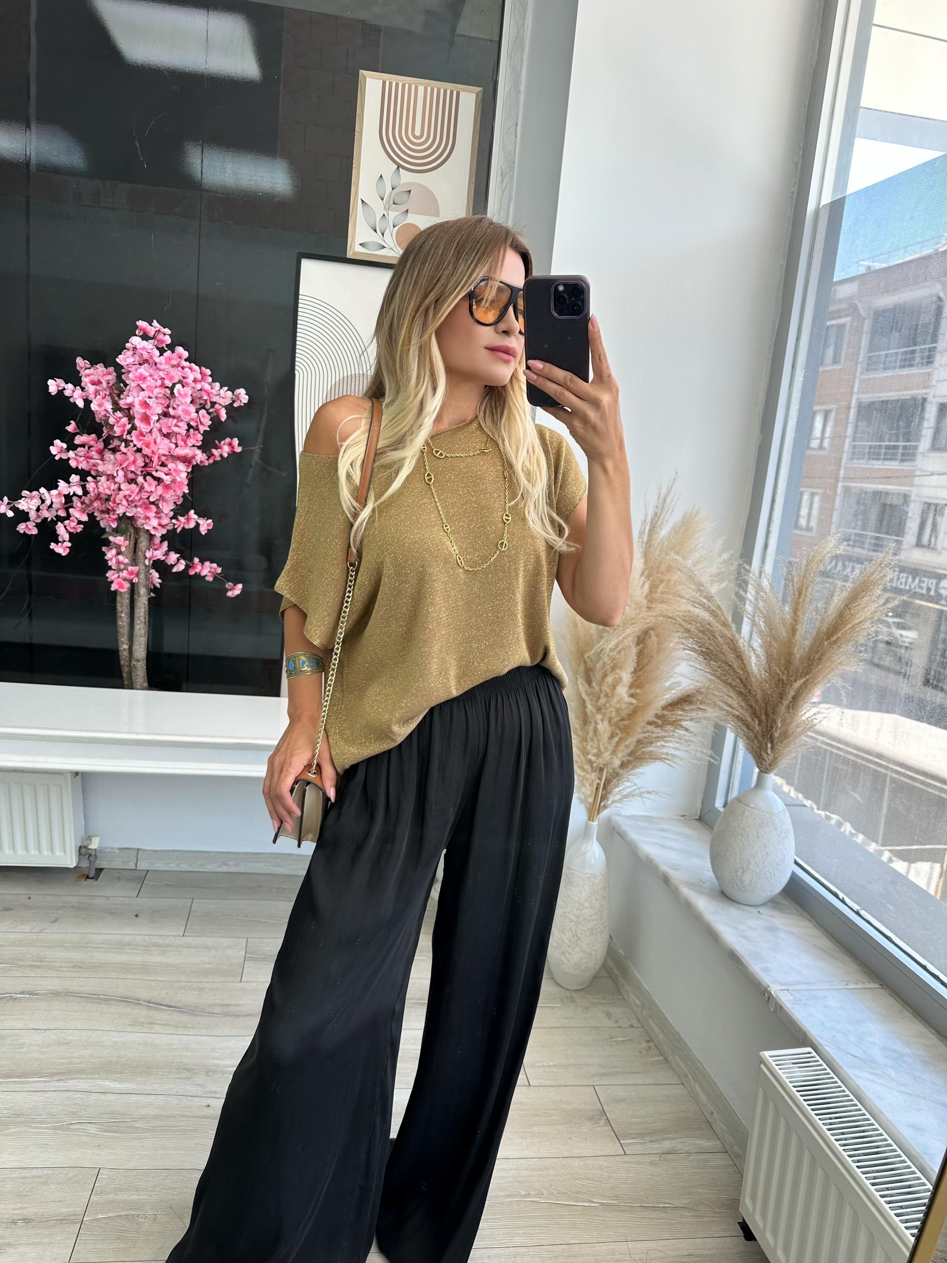 Siyah Beli Lastikli Dökümlü Pantolon 