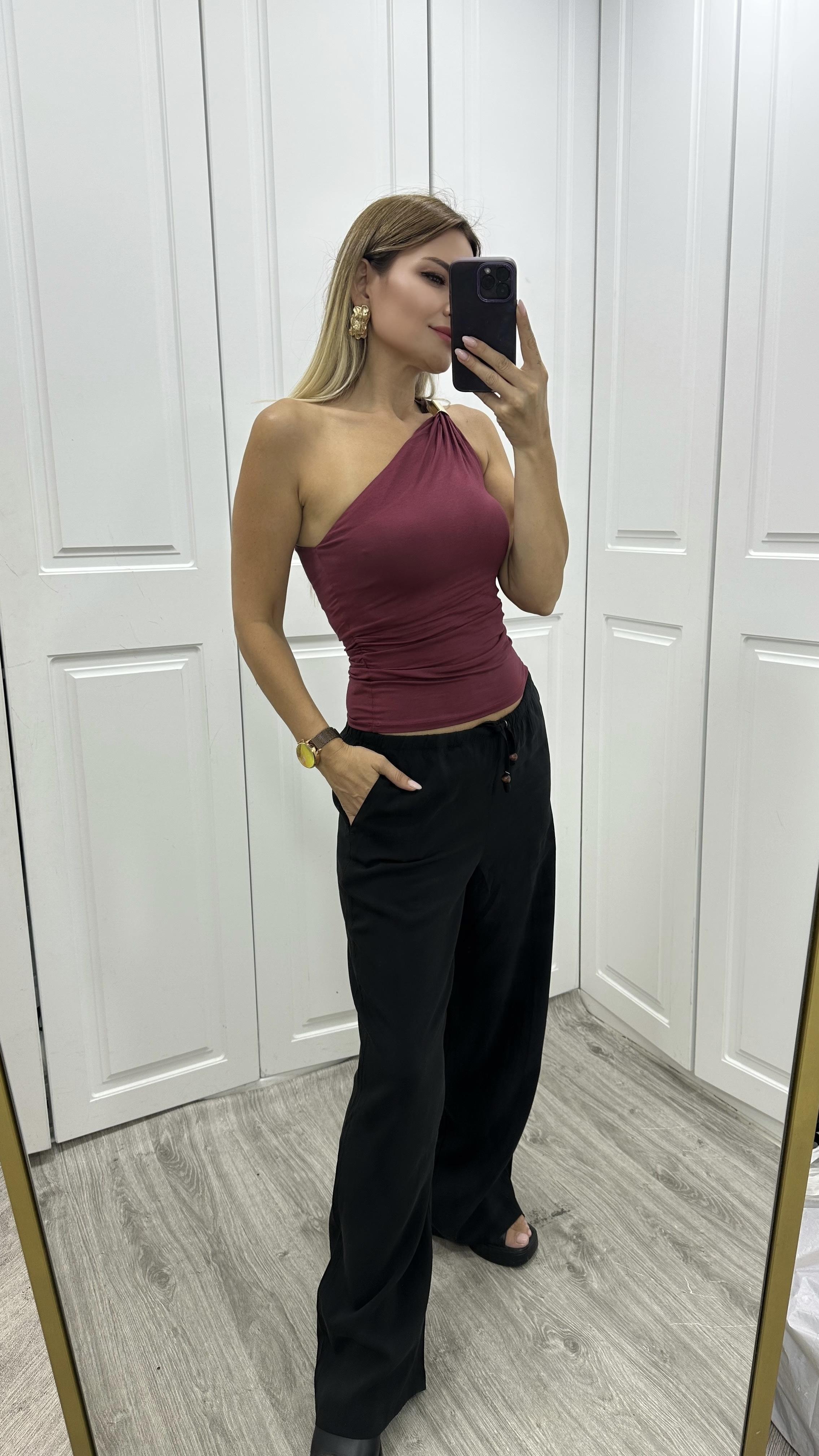 Siyah Beli Lastikli Tensel Pantolon 