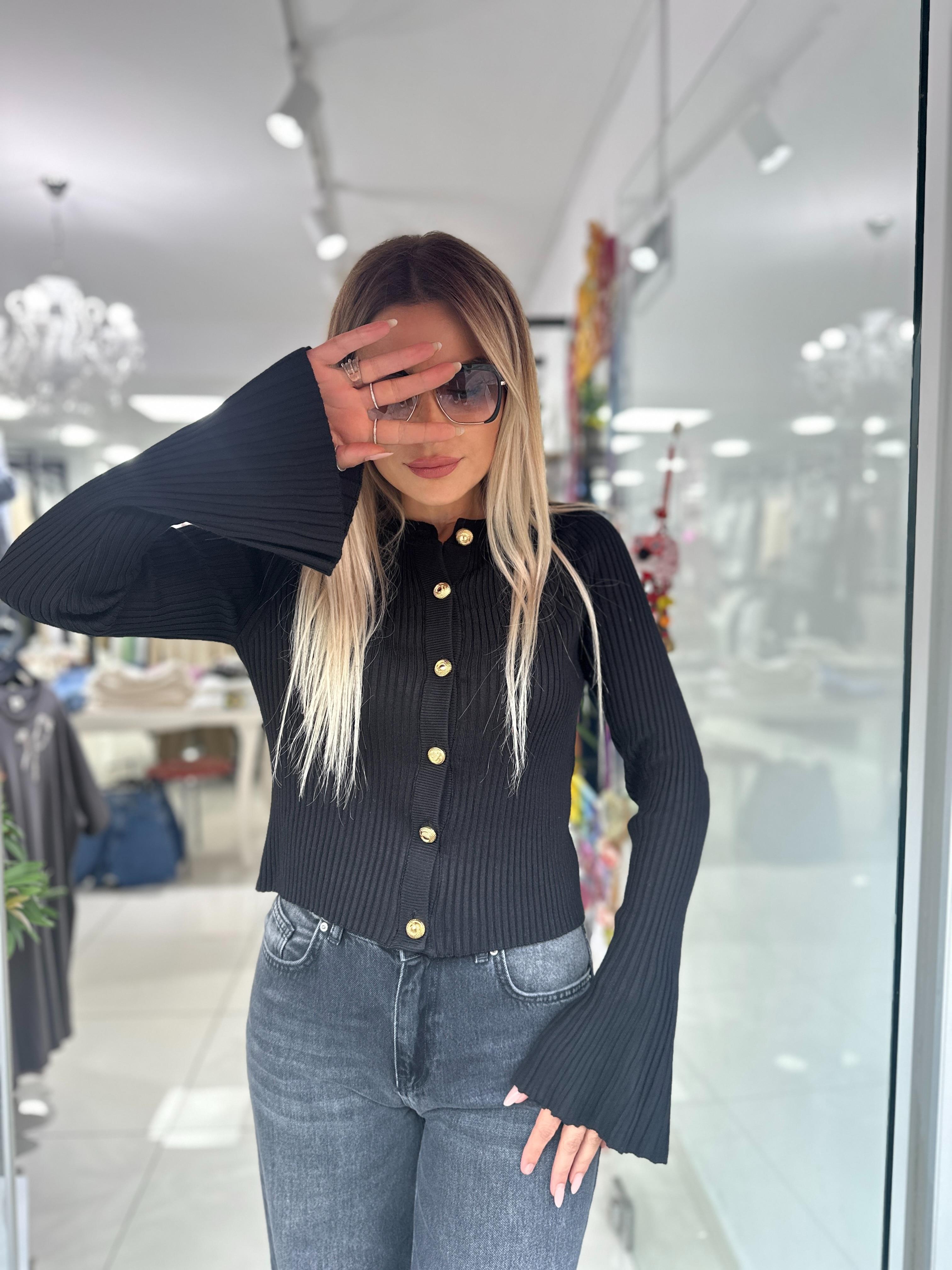 Siyah Bisiklet Yaka Düğmeli İspanyol Kol Triko Hırka 