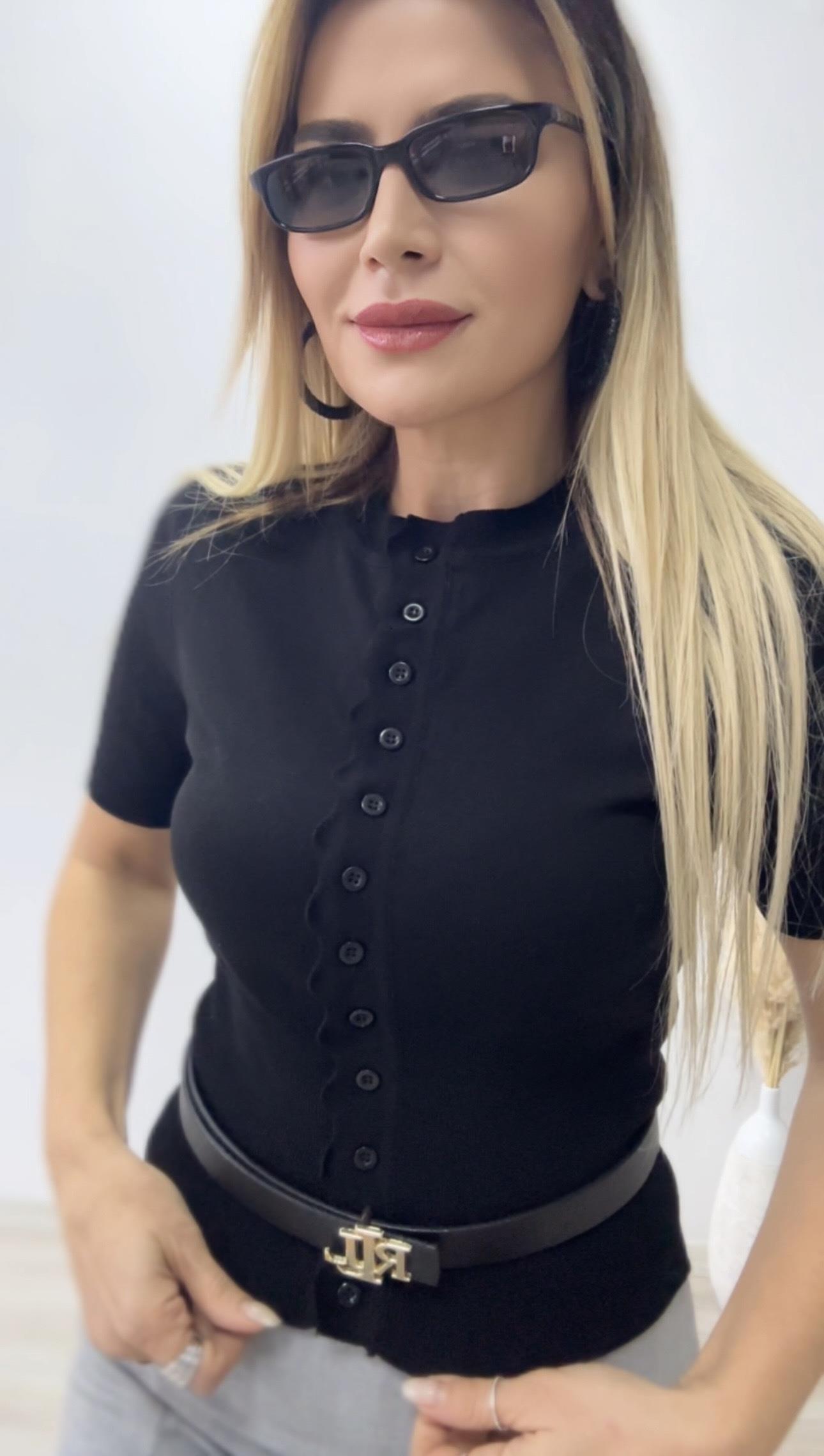 Siyah Bisiklet Yaka Düğmeli Triko Hırka 