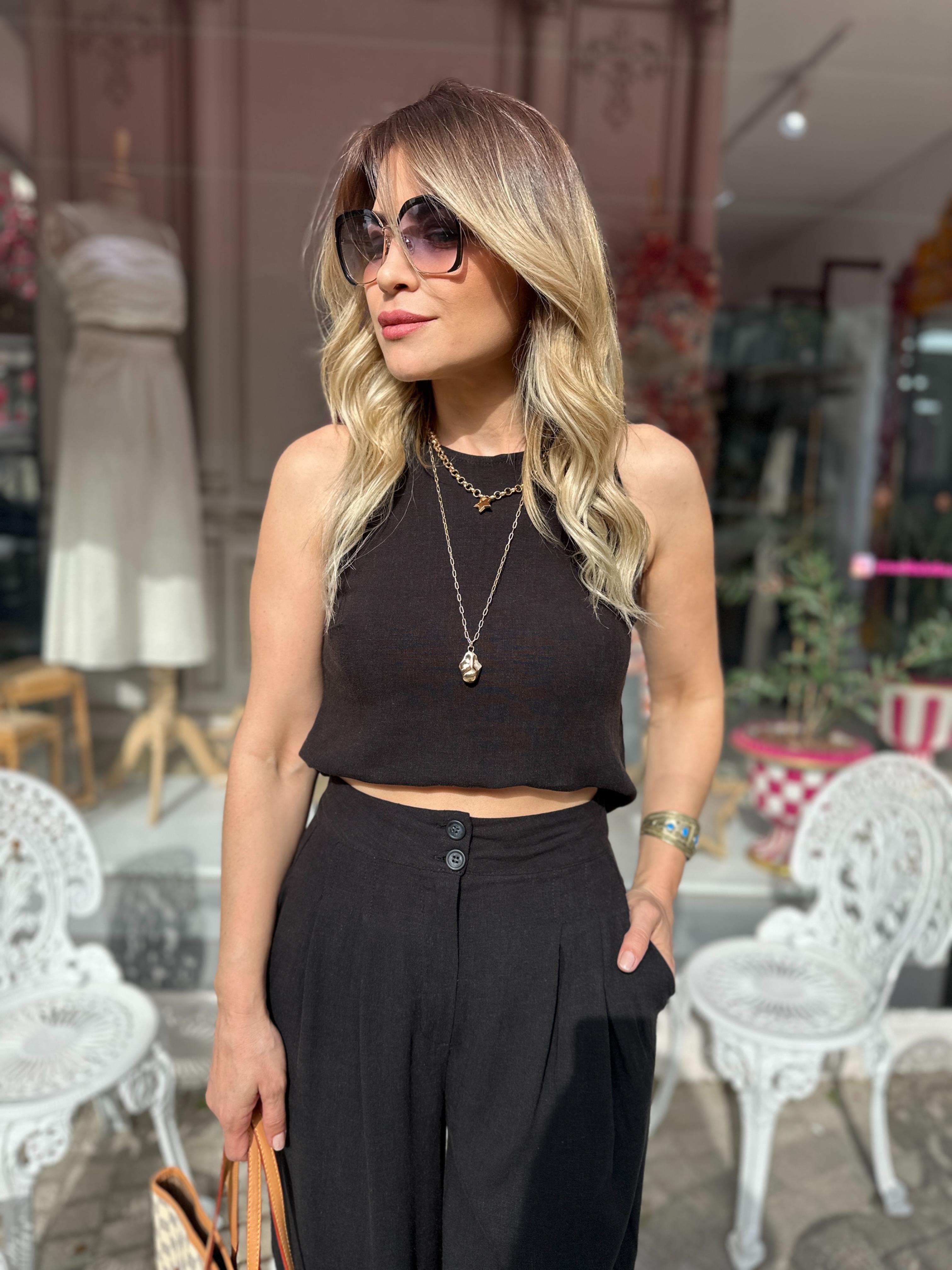 Siyah Keten Bluz Pantolon Takım