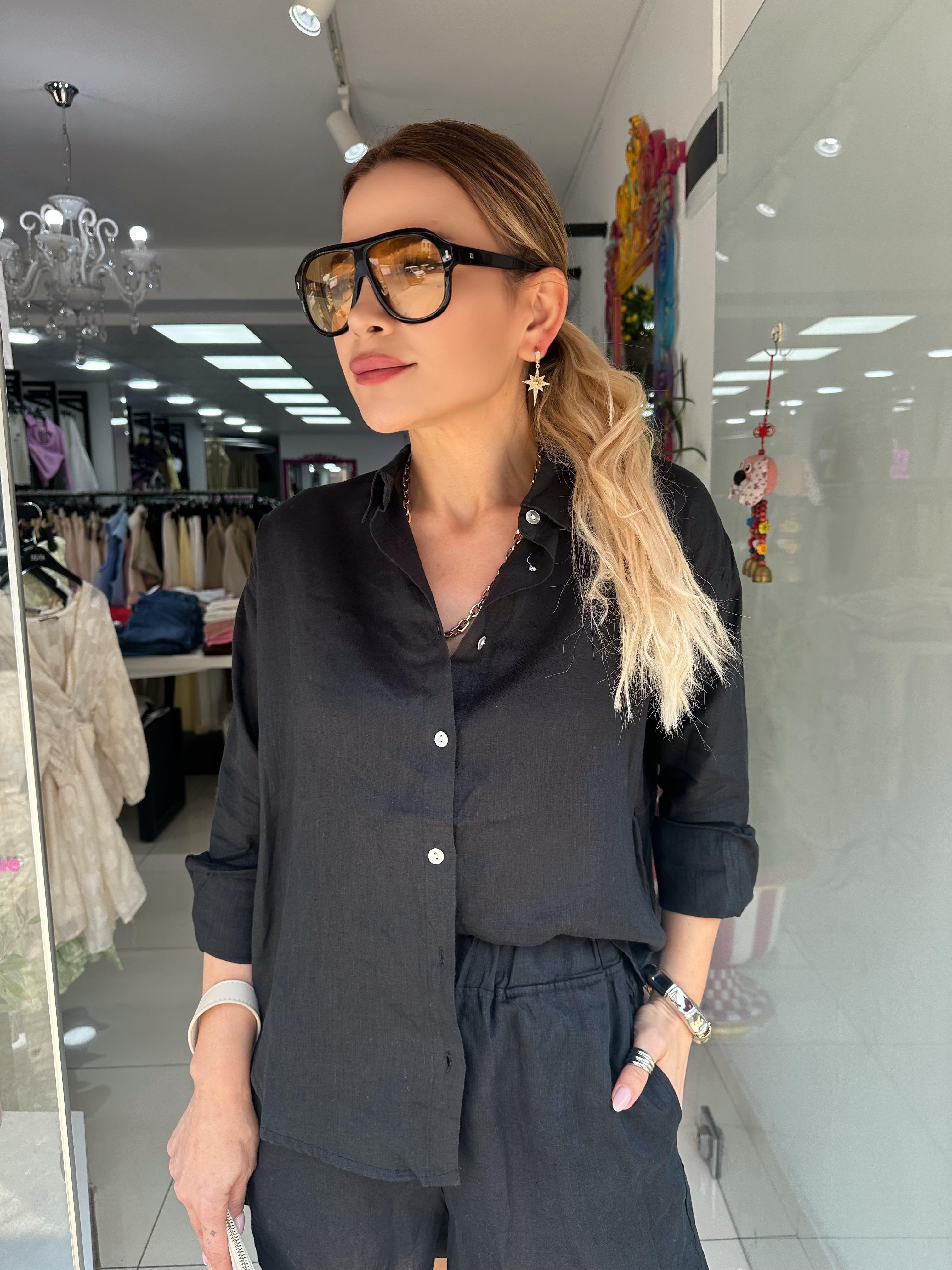 Siyah Natural Keten Gömlek 