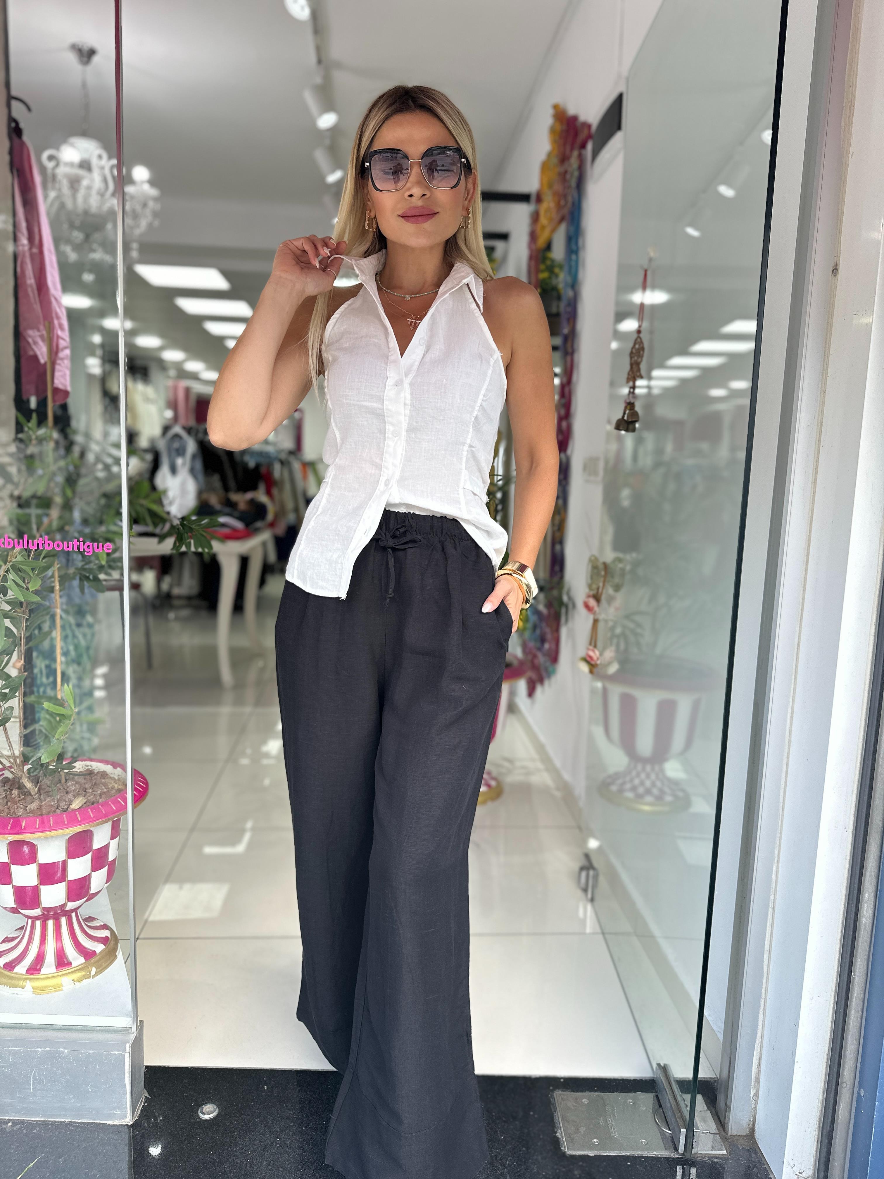 Siyah Natural Keten Pantolon 