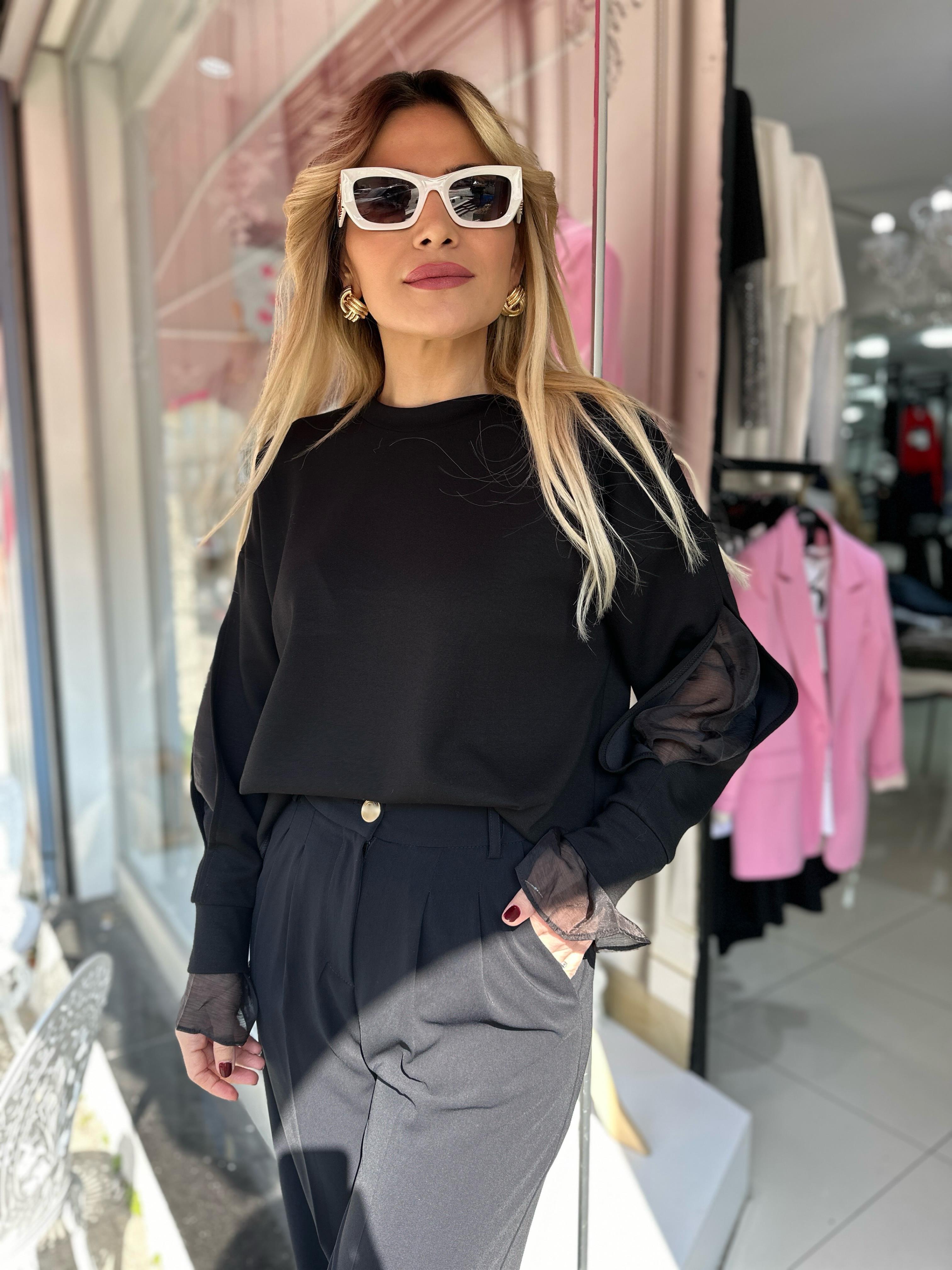 Siyah Organze Detaylı Modal Sweat 