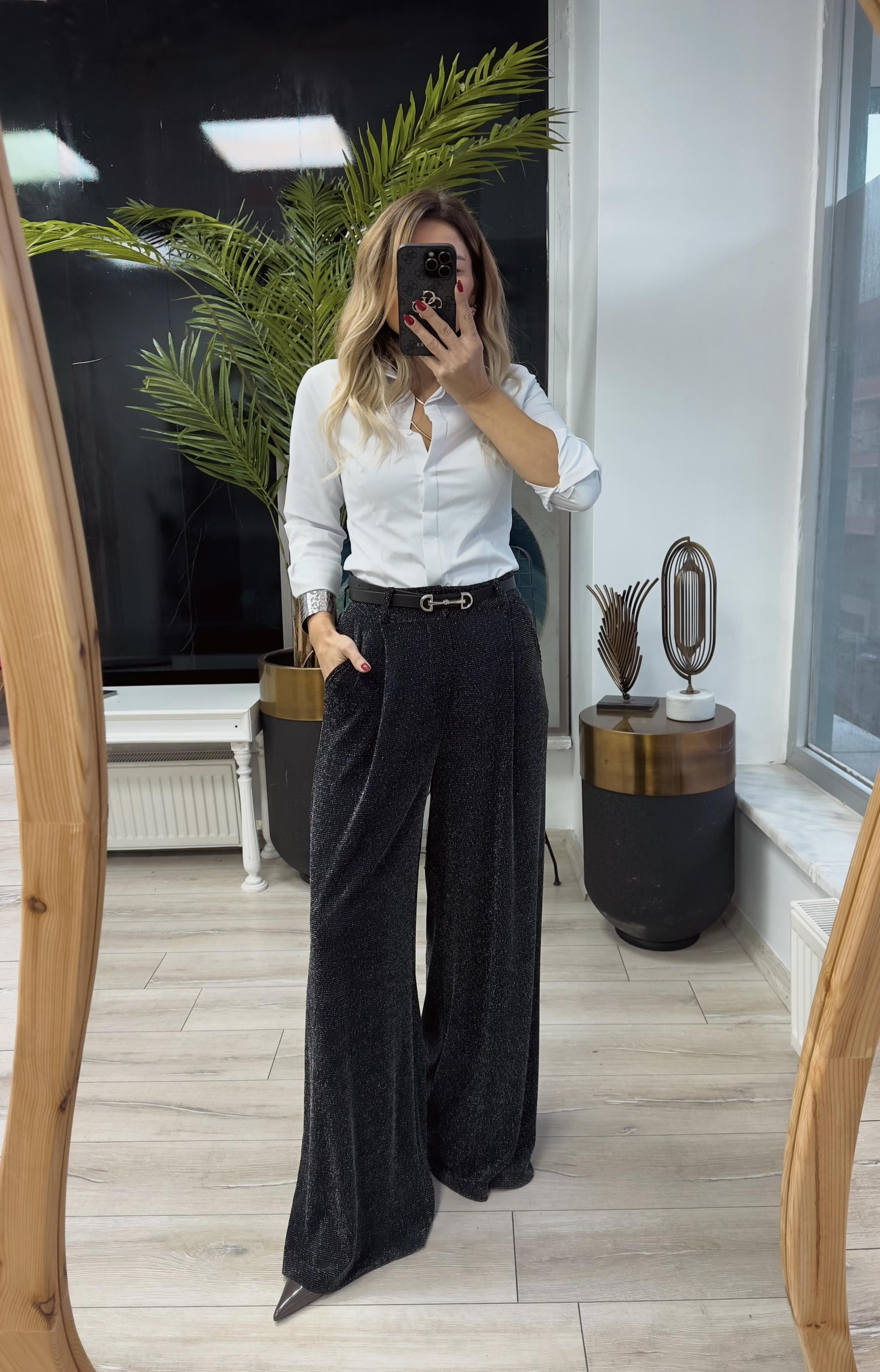 Siyah Simli Bol Paça Pantolon 