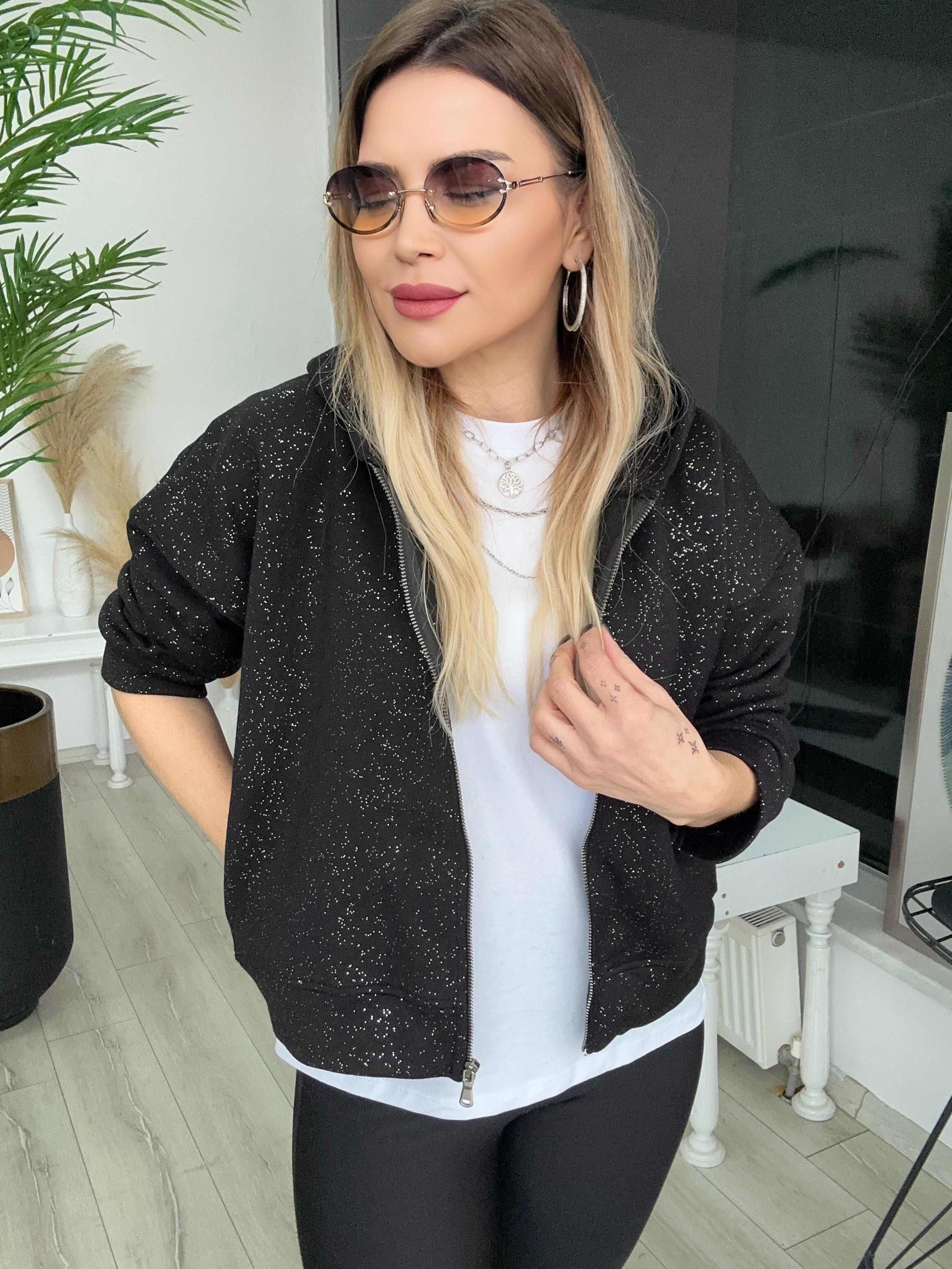 Siyah Simli Fermuarlı Sweat