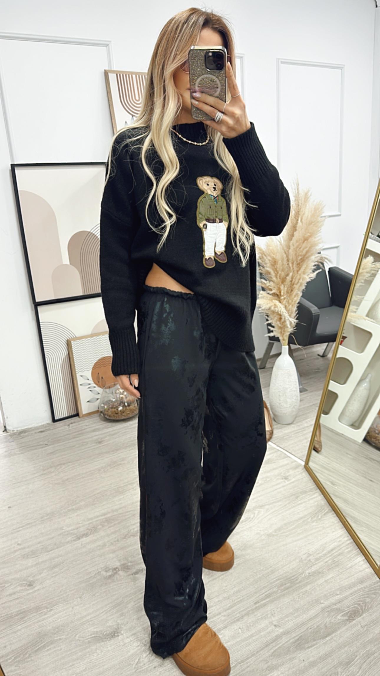 Sİyah Simli Saten Pantolon 