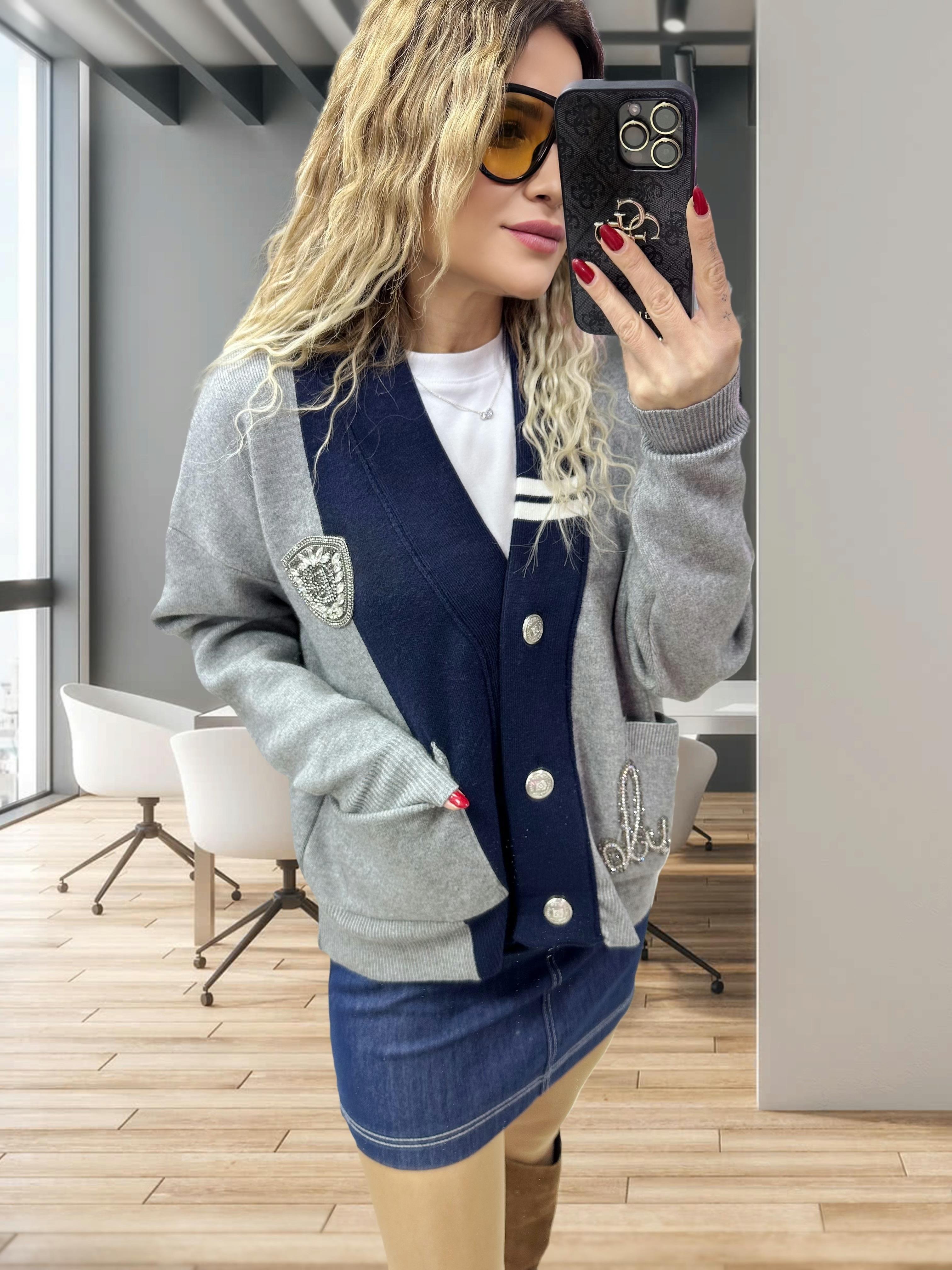 Taşlı Gri Lacivert Hırka 