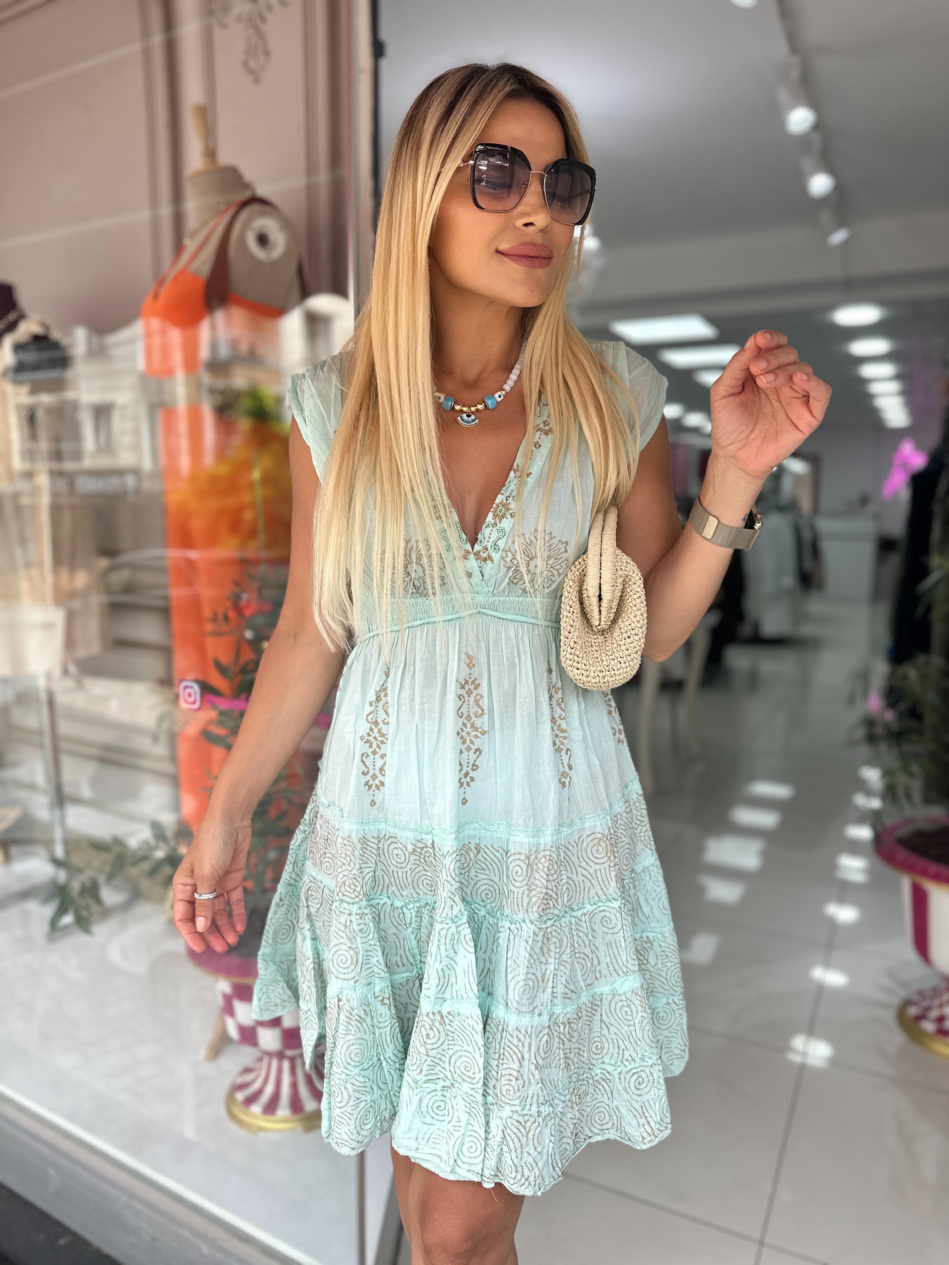 Turkuaz Keten Boncuk İşlemeli Elbise