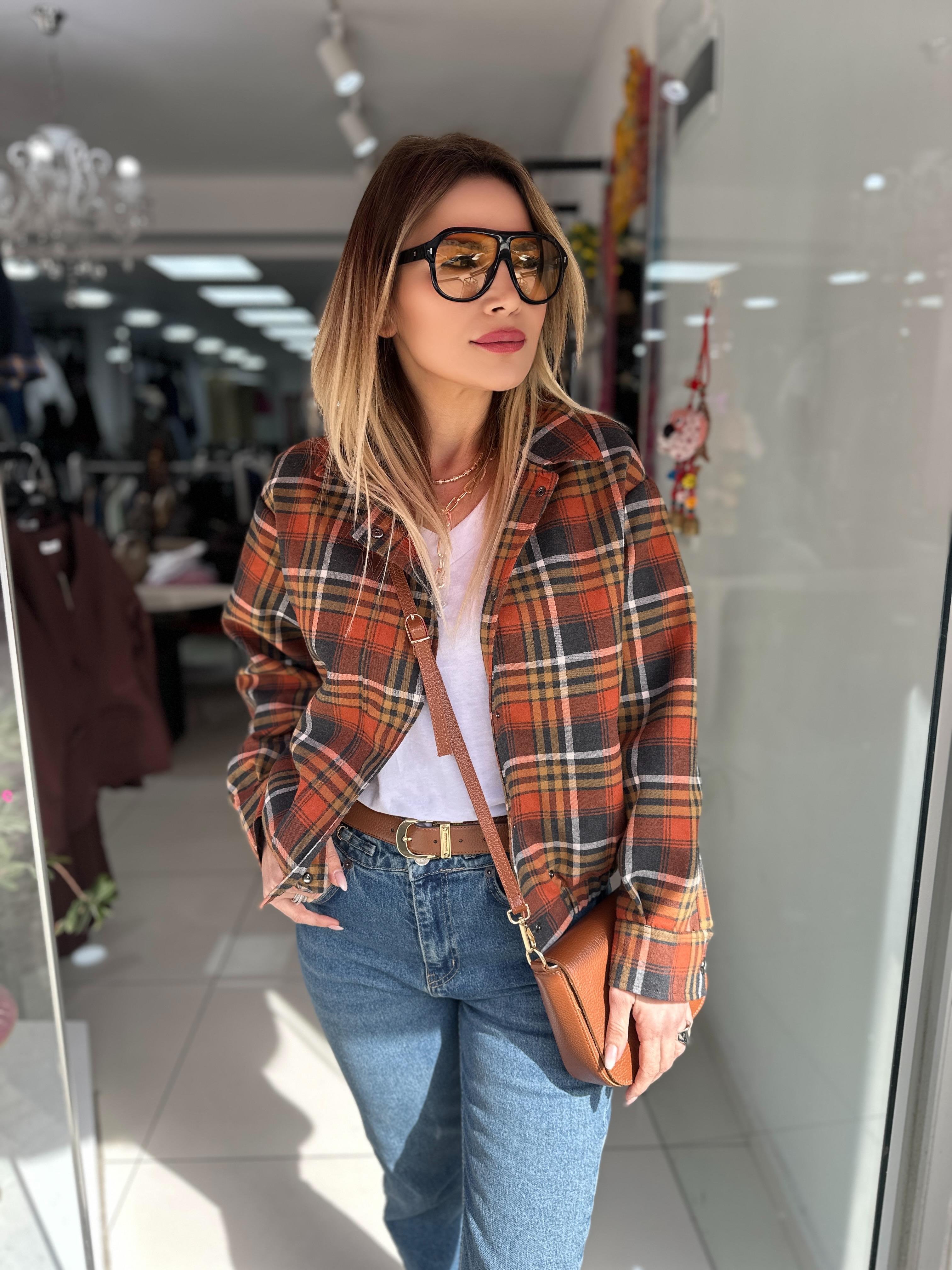 Turuncu Ekoseli Bomber Ceket