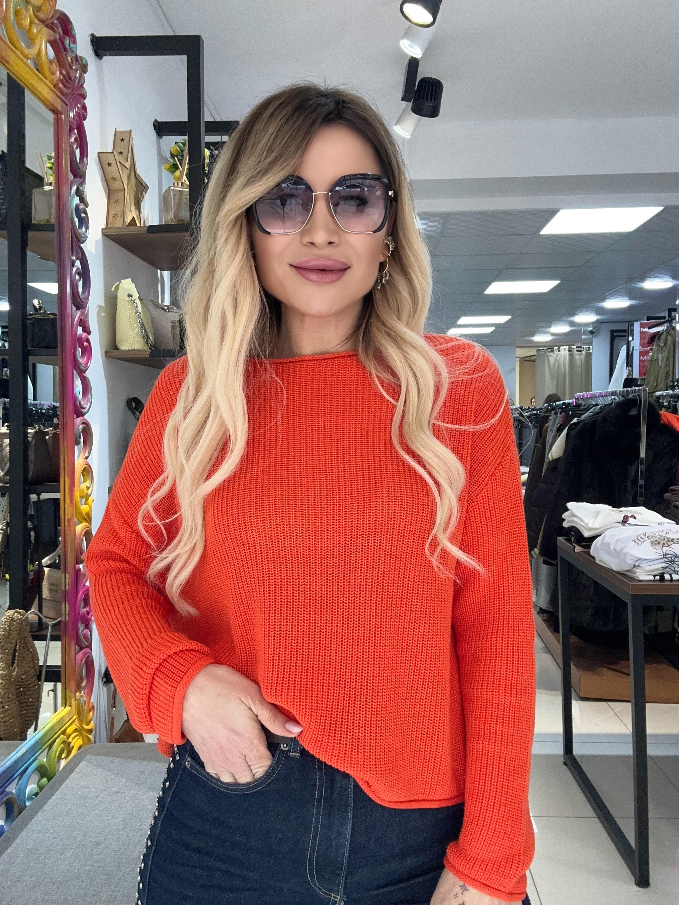 Turuncu Kayık Yaka Basic Triko Kazak