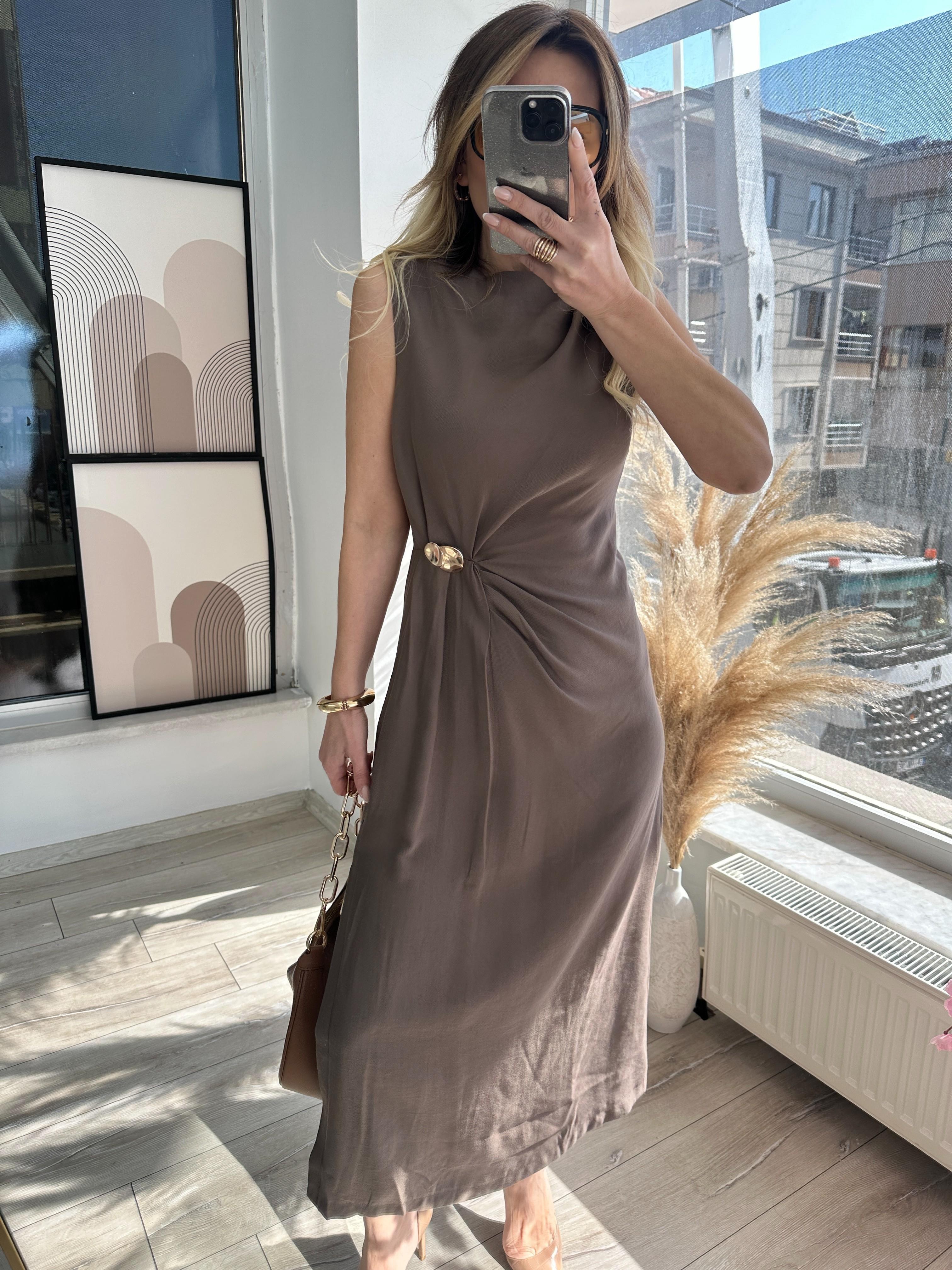 Vizon Drapeli Keten Elbise