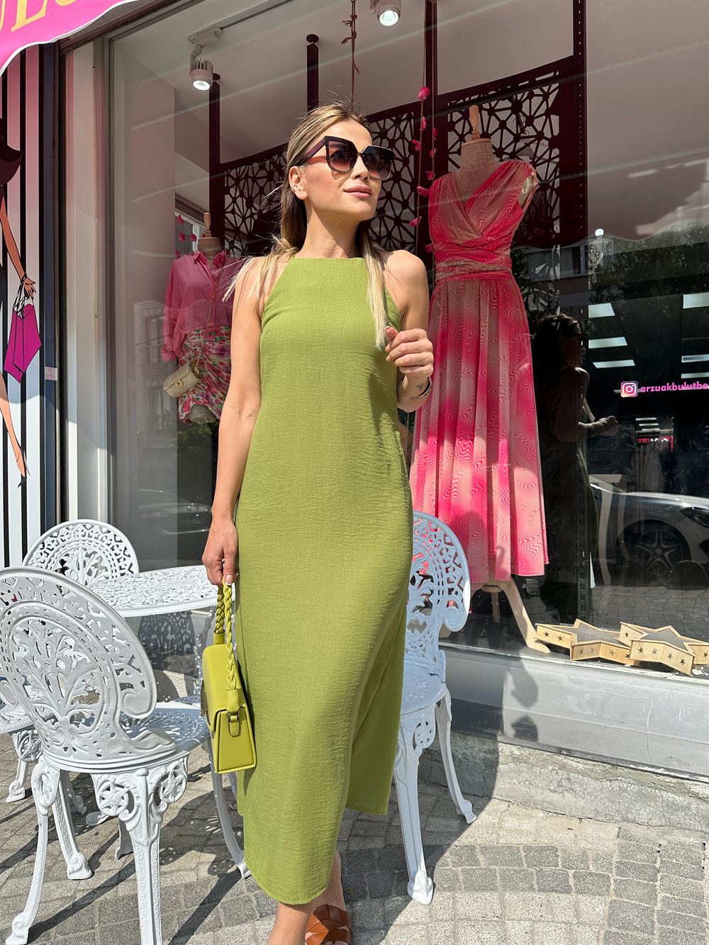 Yağ Yeşili Halter Yaka Elbise