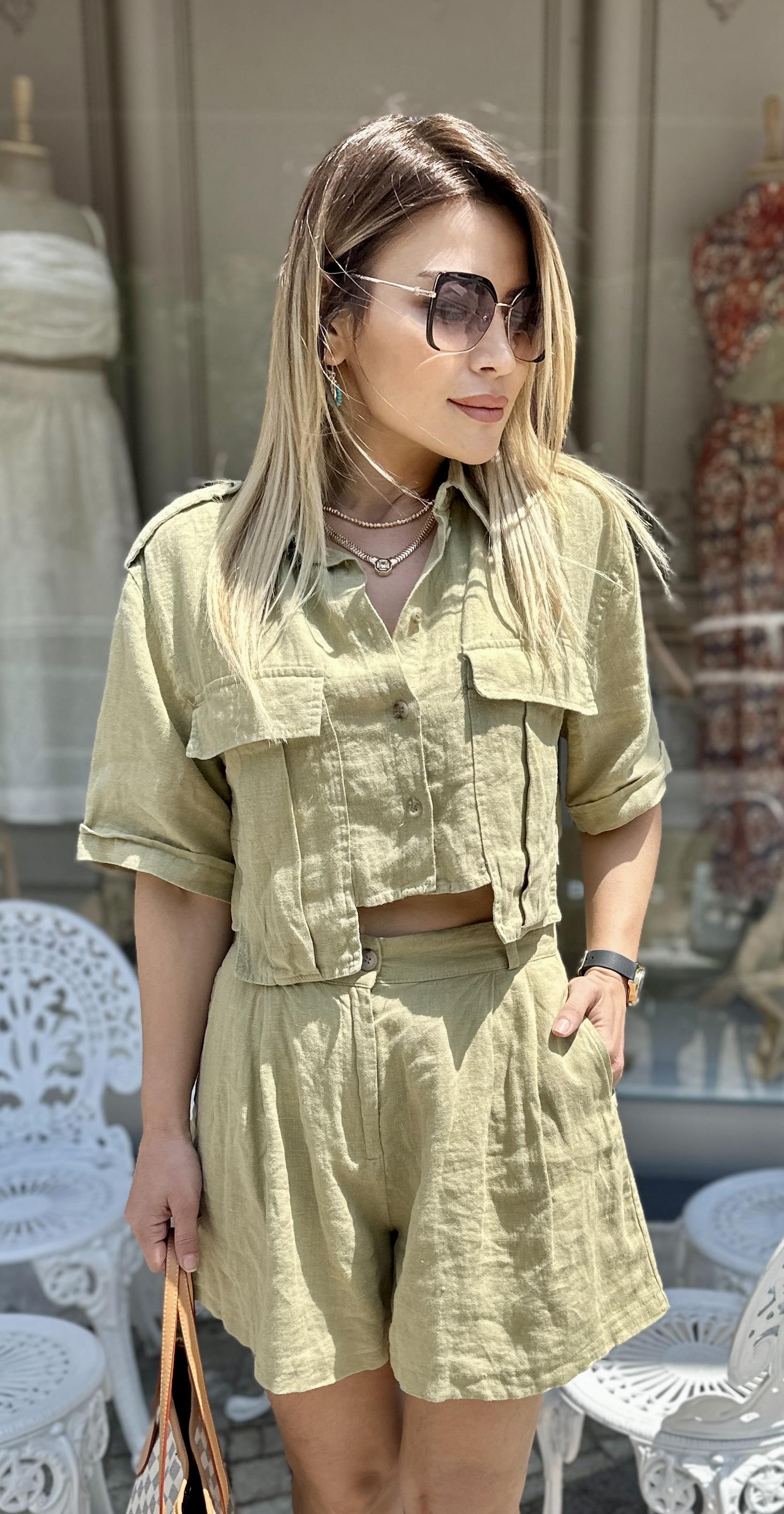 Yağ Yeşili Ham Keten Şort 