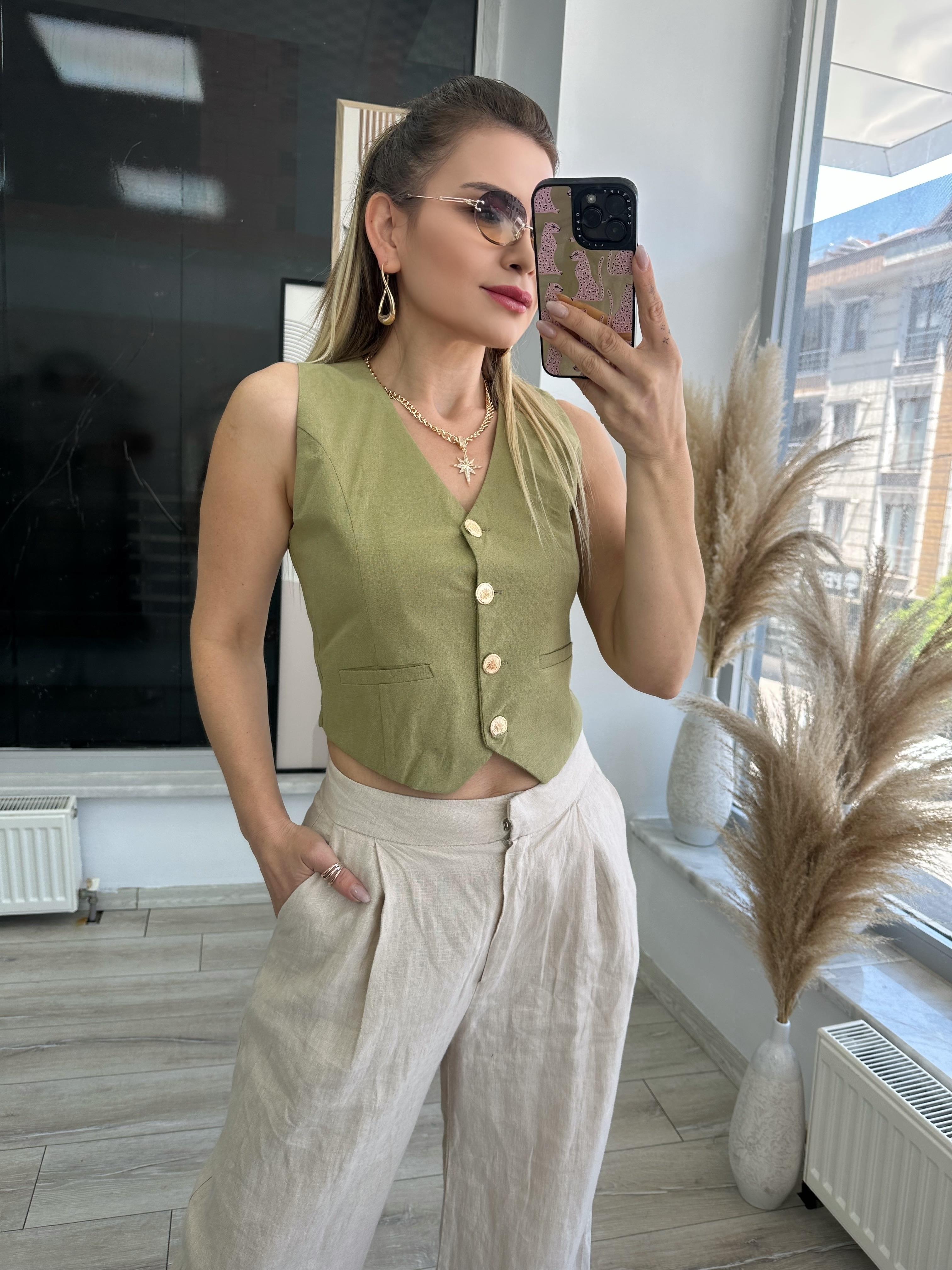 Yağ Yeşili Keten Yelek 