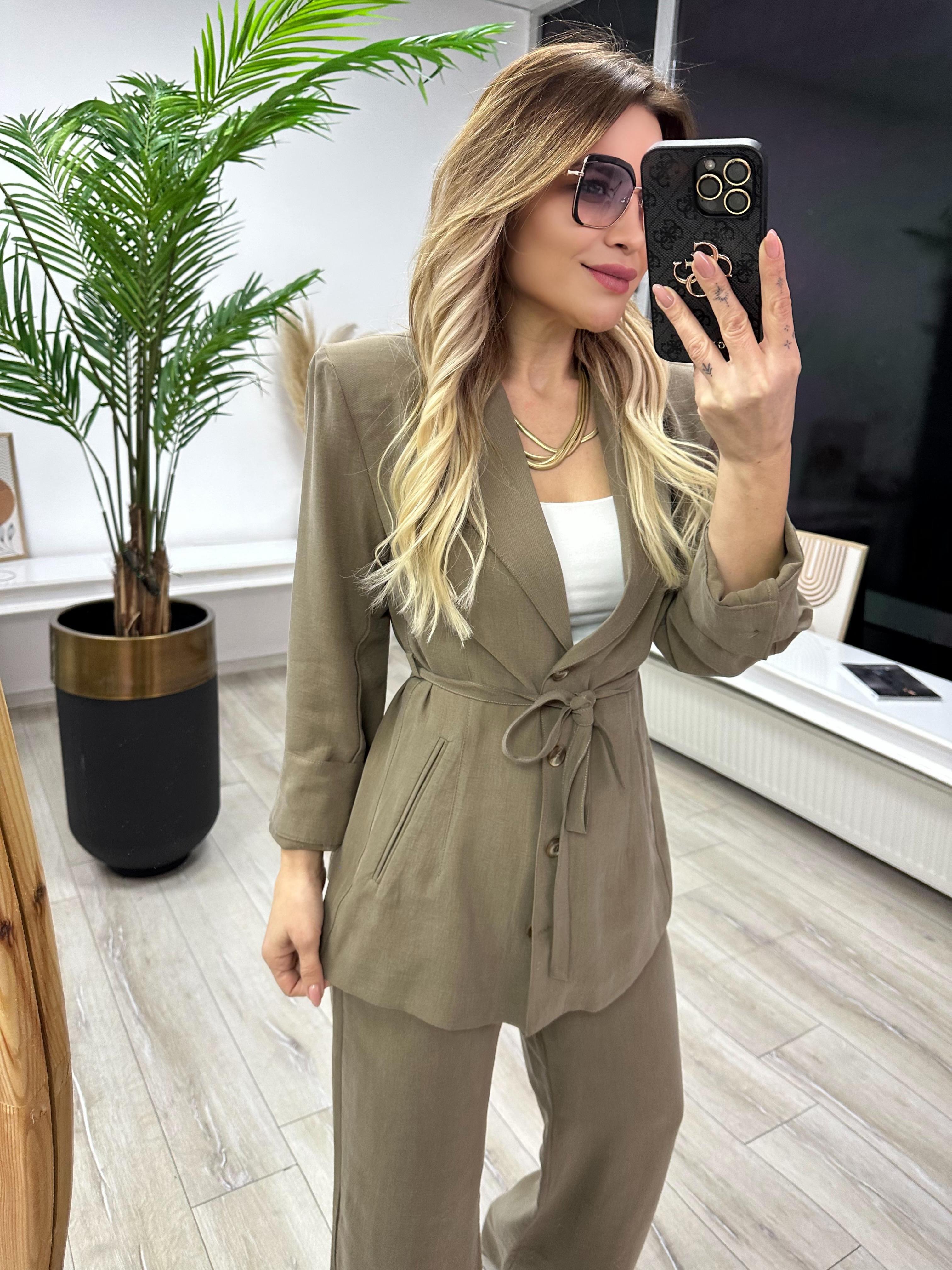 Yağ Yeşili Tensel Kumaş Blazer Pantolon Takım