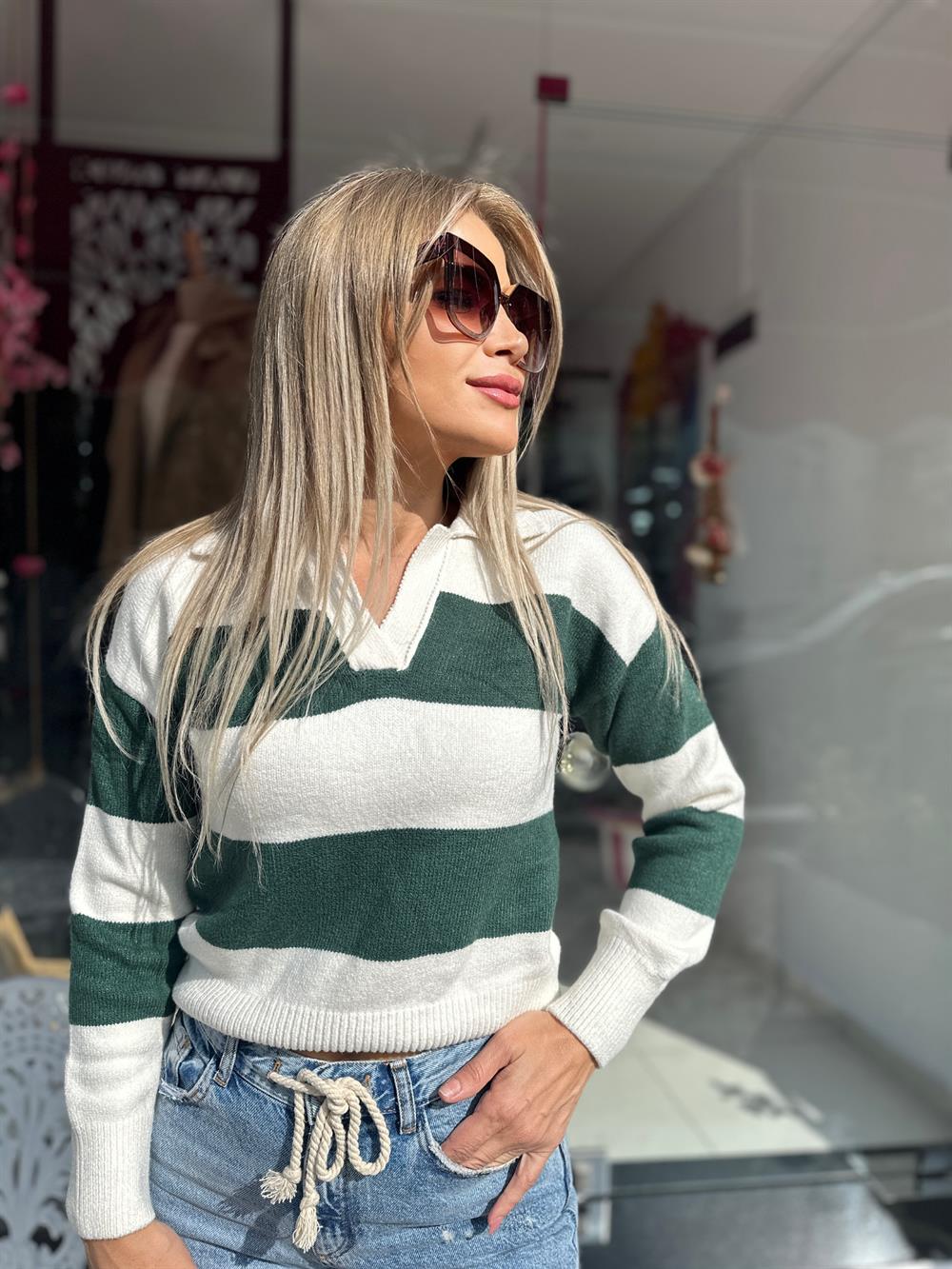 Yeşil Çizgili Triko Bluz