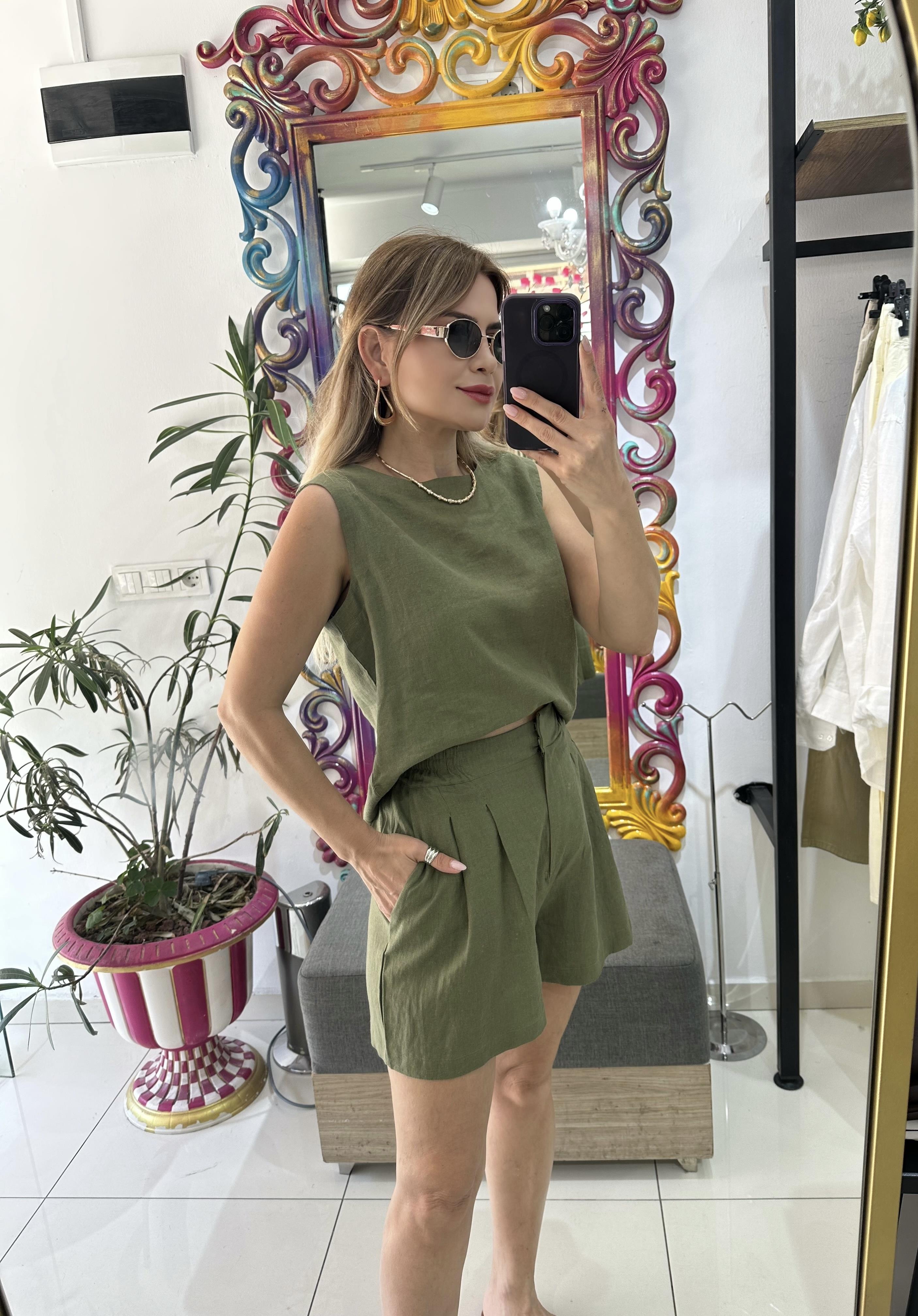 Yeşil Keten Bluz Şort Takım