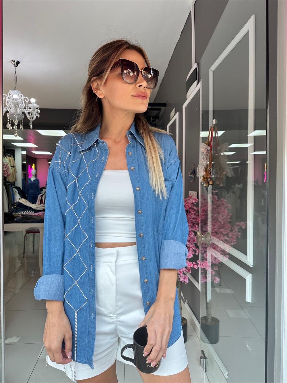 Zincir Detay Denim Gömlek 