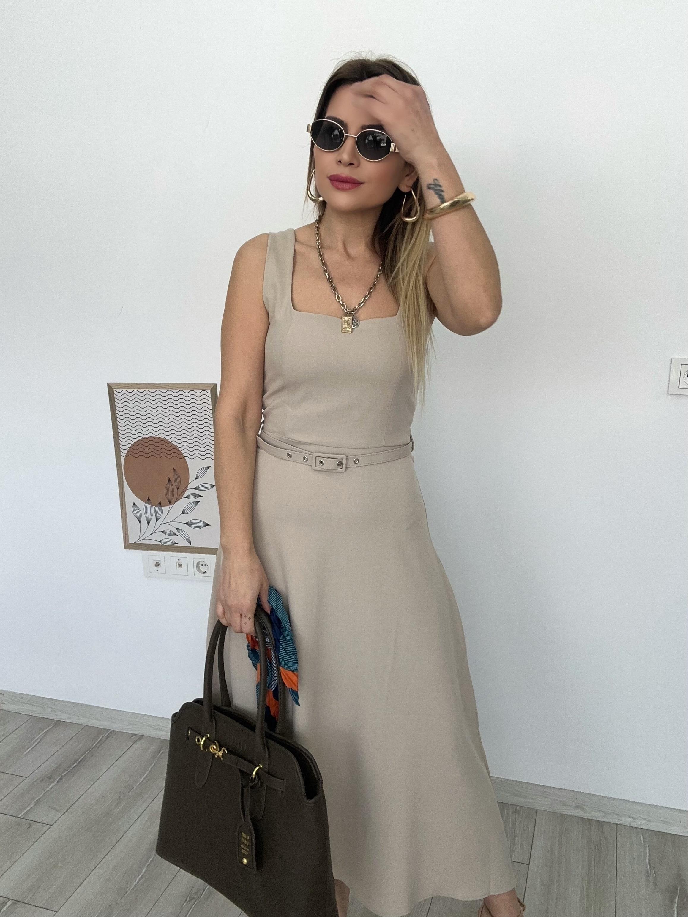 ZR Bej Kemerli Elbise