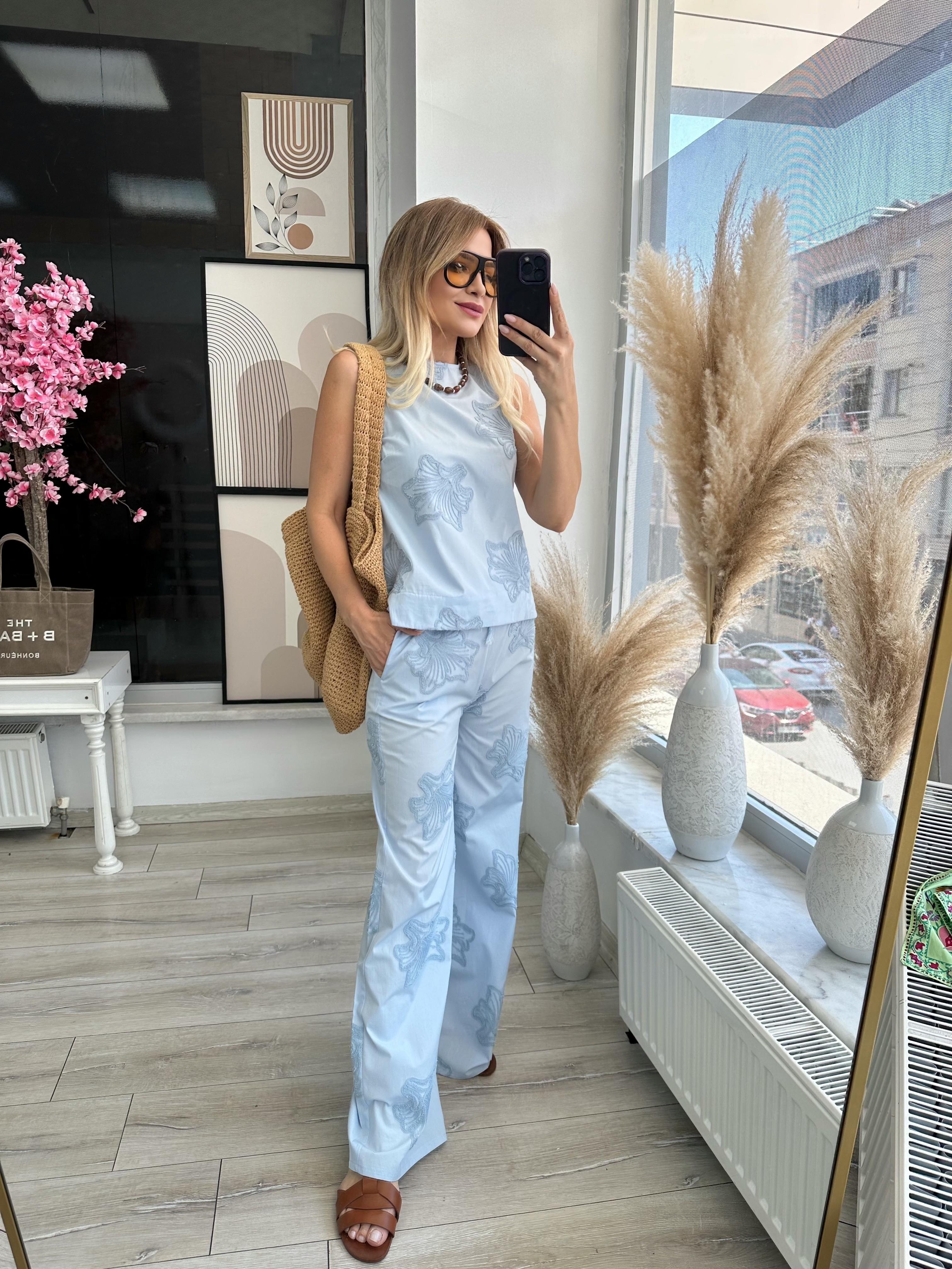 ZR Model Mavi Dokulu Bluz Pantolon Takım