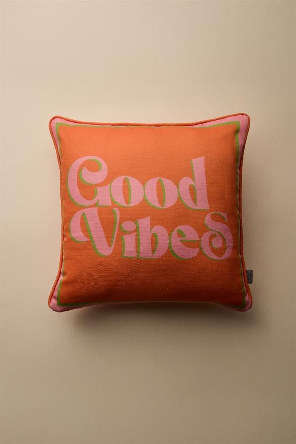 Good Vibes Baskılı Biye Detaylı Kırlent Kılıfı