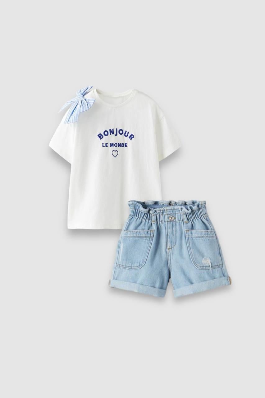 Fiyonk Detaylı Tshirt Denim Şort Takım